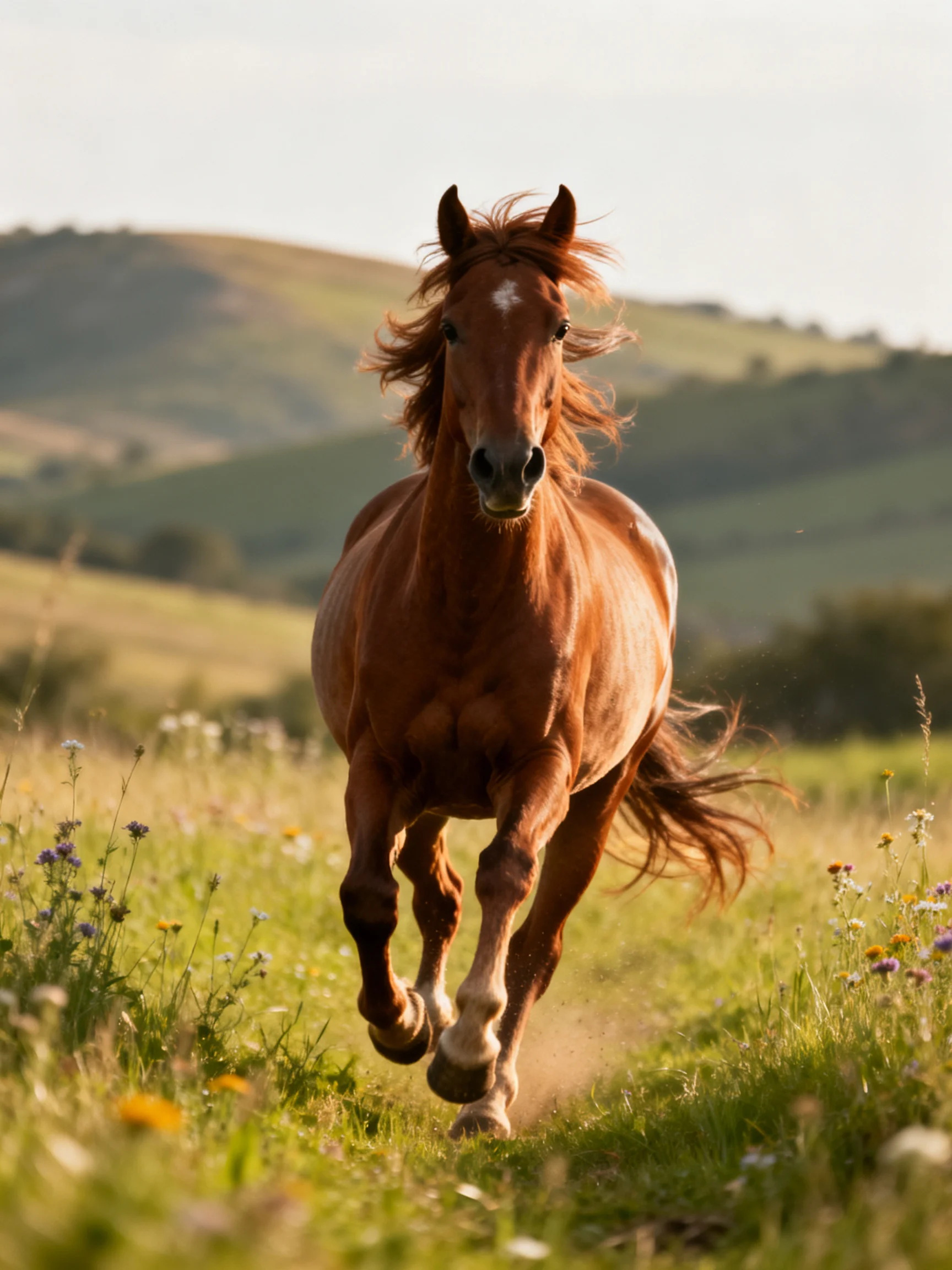 A chestnut horse galloping through a wildflower meadow with rolling green hills