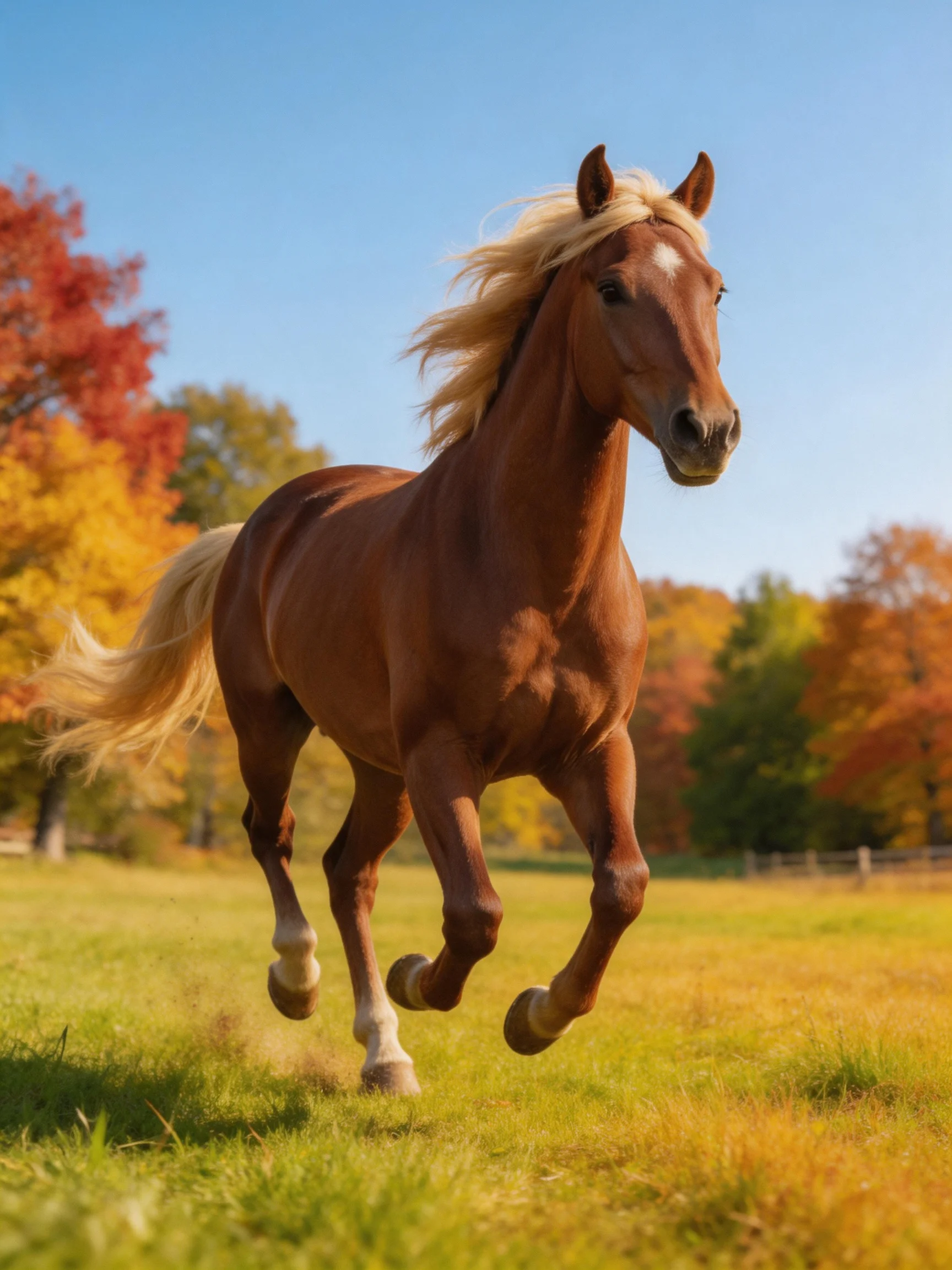 A chestnut horse galloping through an autumn-colored meadow