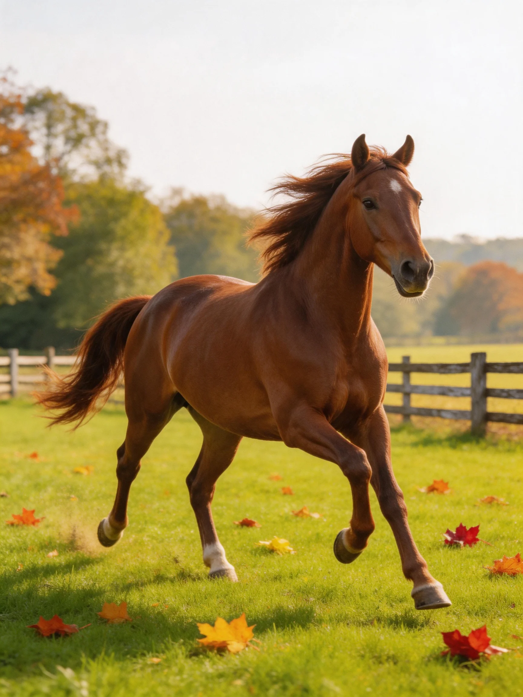 A chestnut horse galloping through an autumn leaf-strewn meadow
