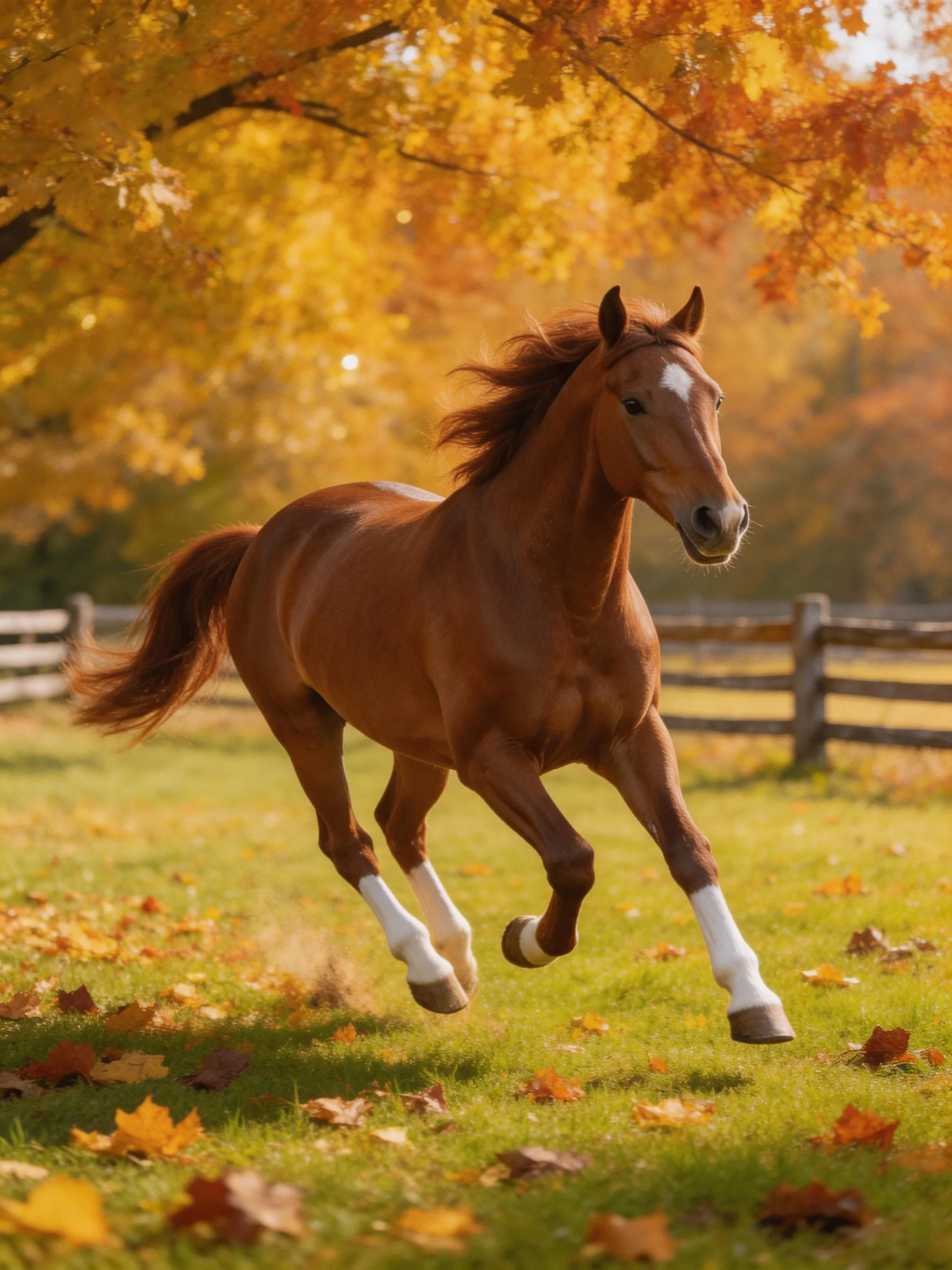 A chestnut horse galloping through an autumn meadow with golden foliage