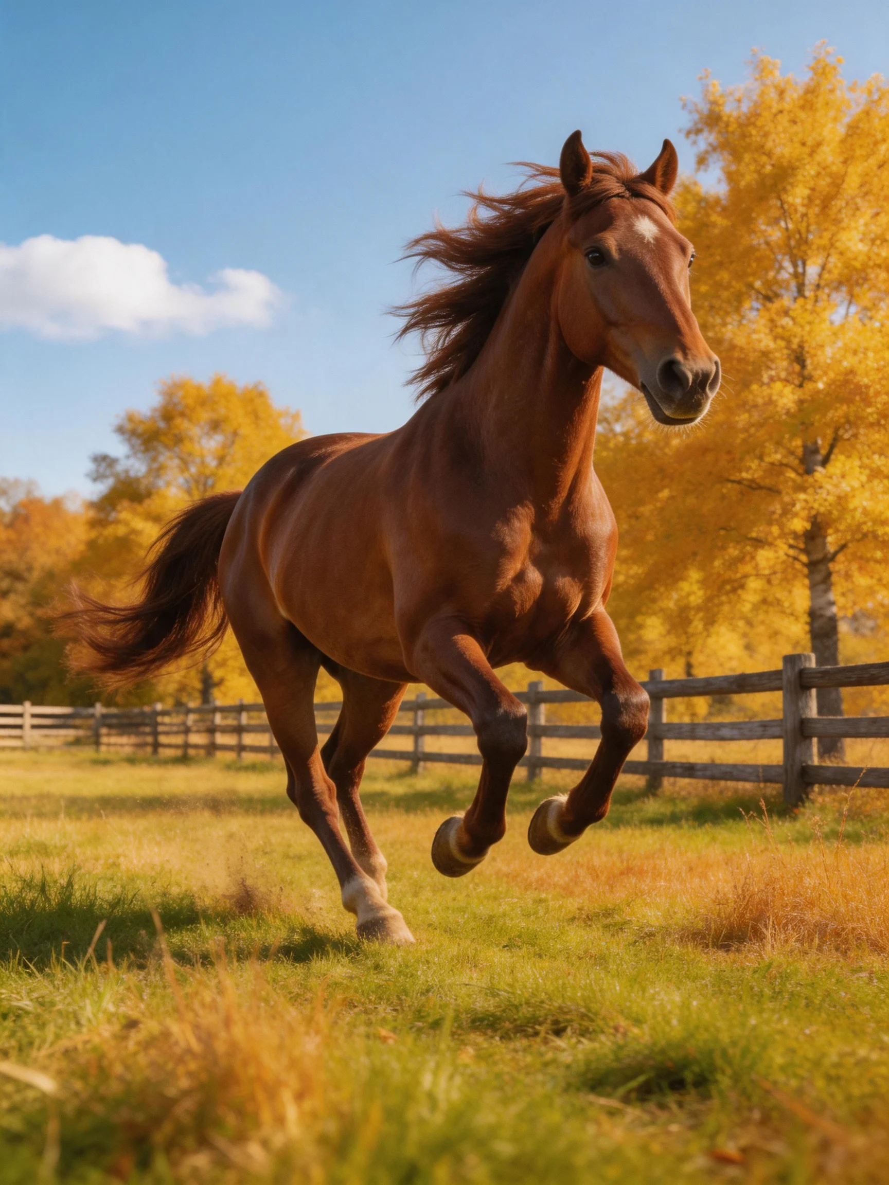 A chestnut horse galloping through an autumn meadow with golden foliage