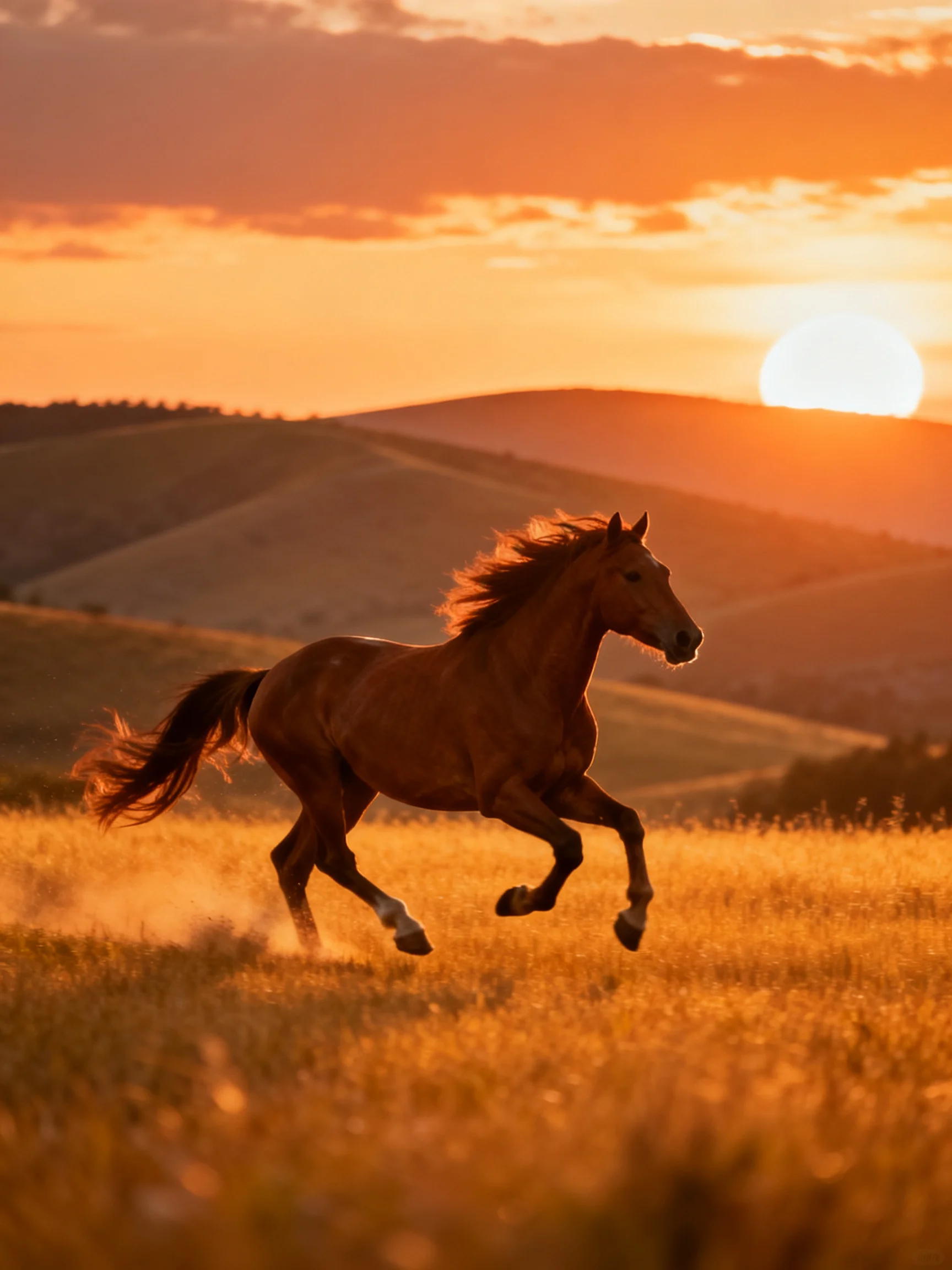 A chestnut horse galloping through golden fields at sunset