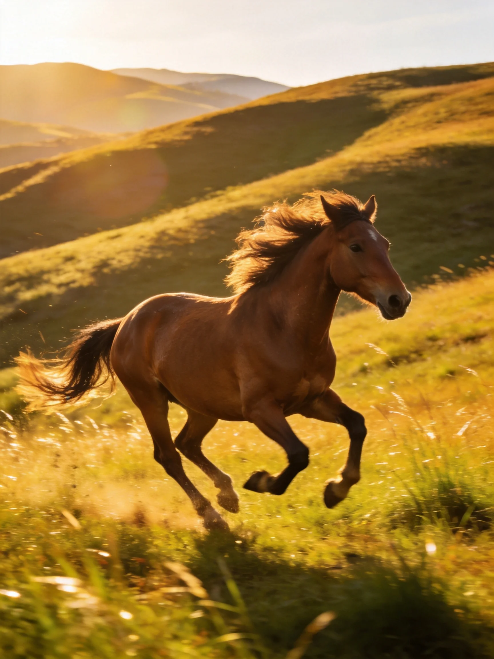 A chestnut horse galloping through golden grassy hills