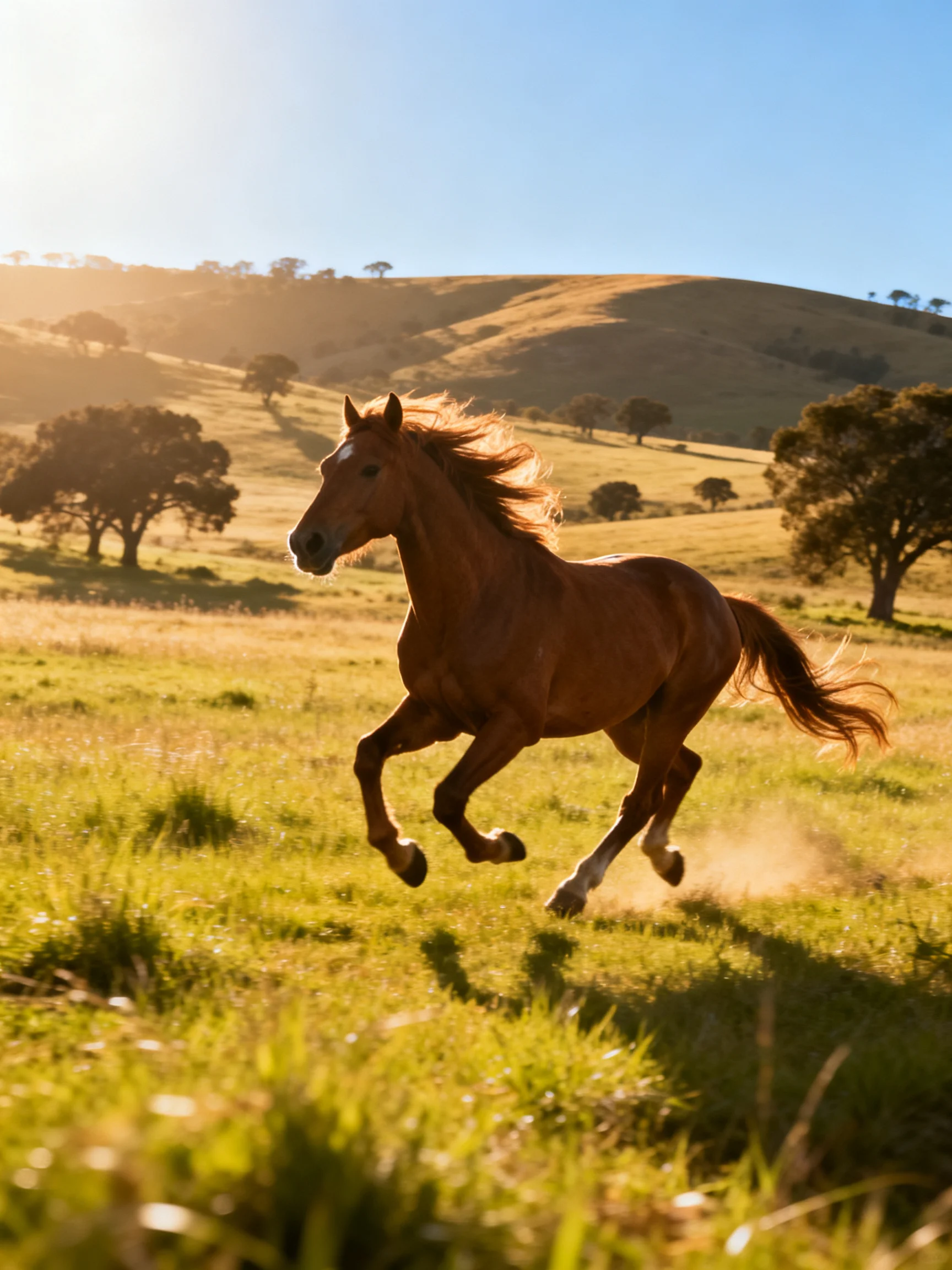 A chestnut horse galloping through golden meadows near rolling hills