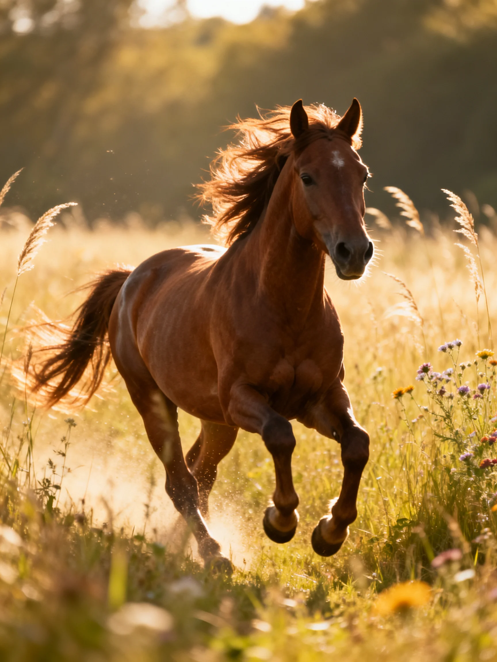 A chestnut horse galloping through golden wildflower meadow