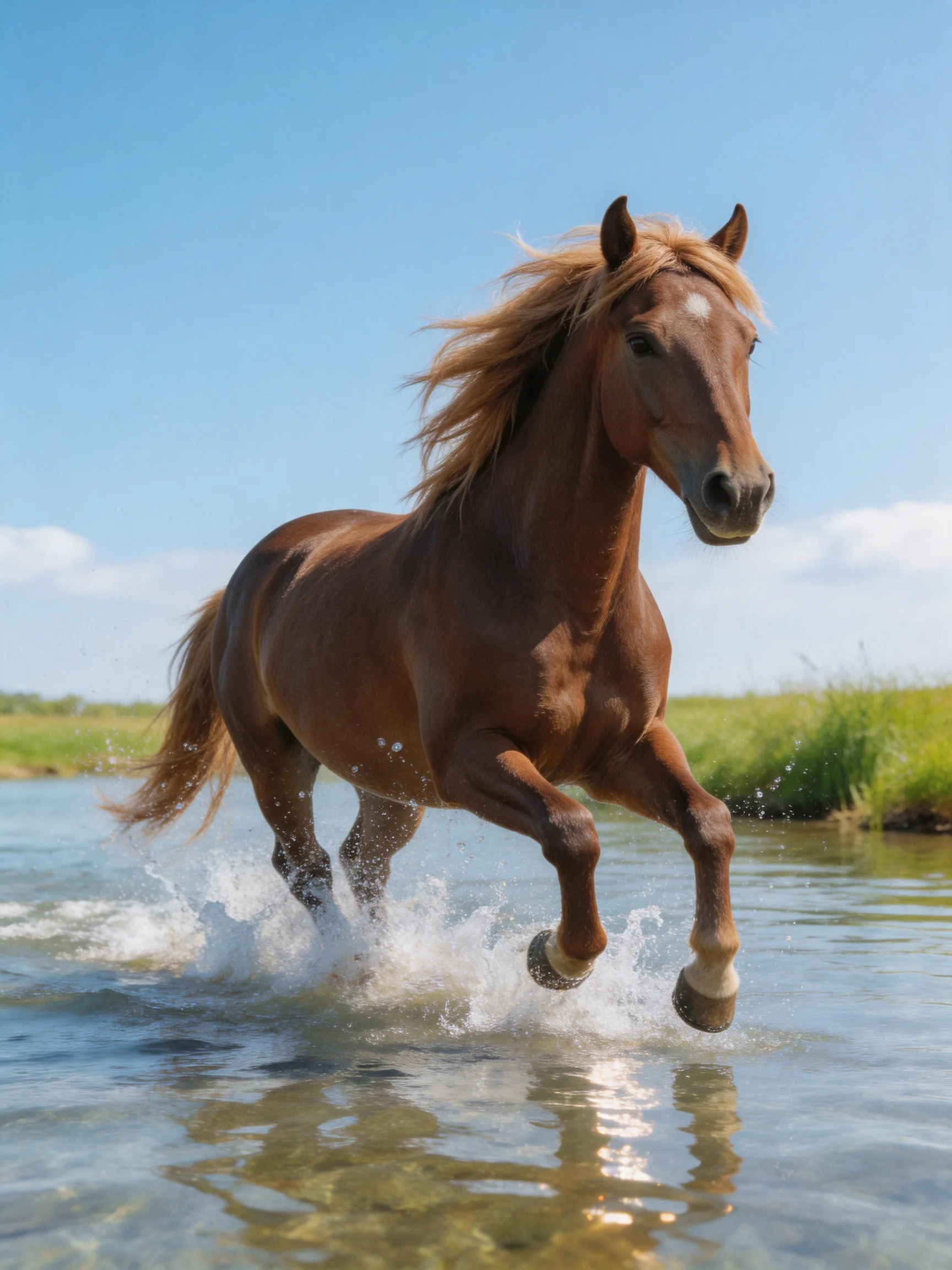 A chestnut horse galloping through shallow water under bright blue skies