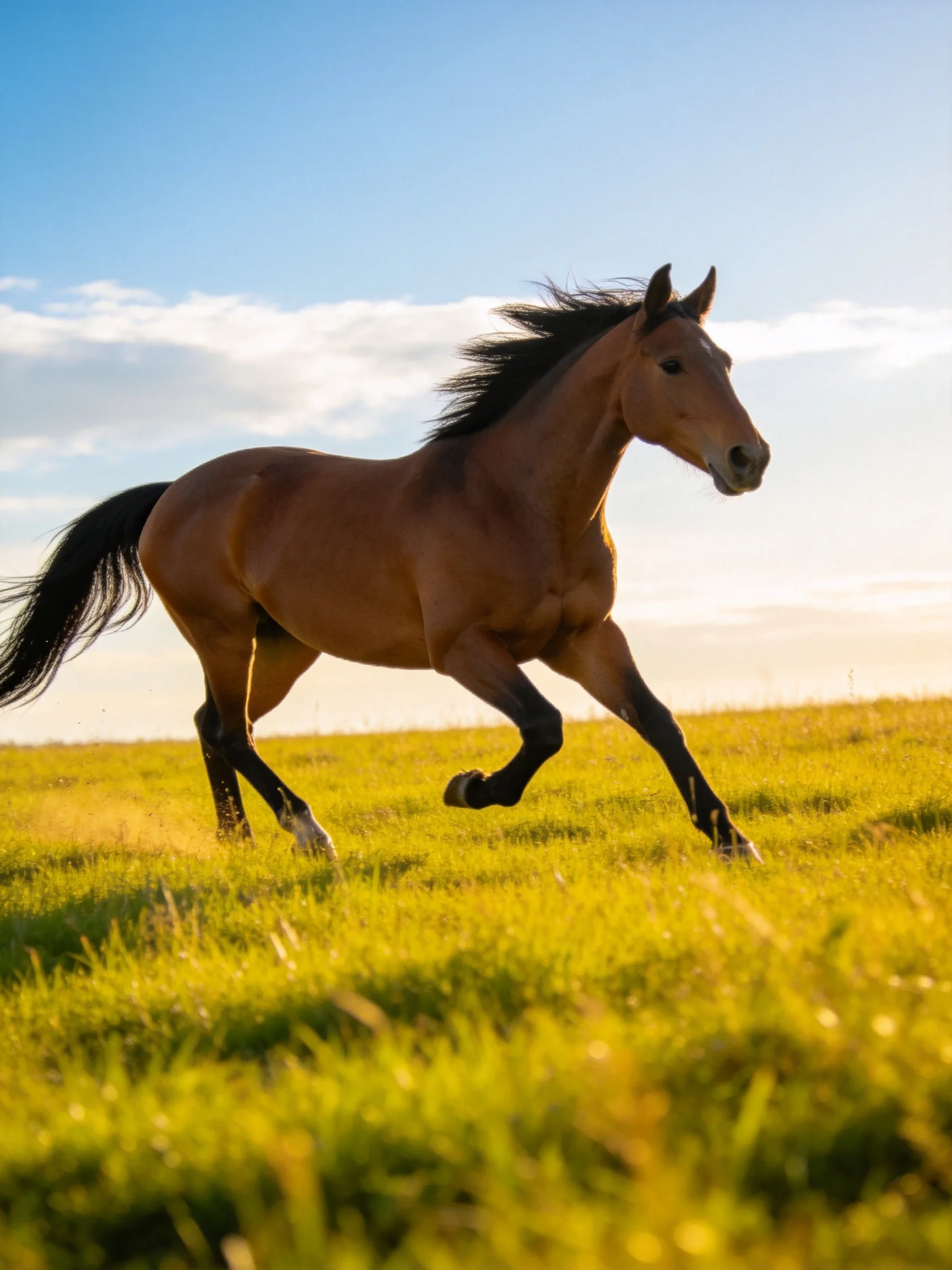 A chestnut horse galloping through sunlit green meadows