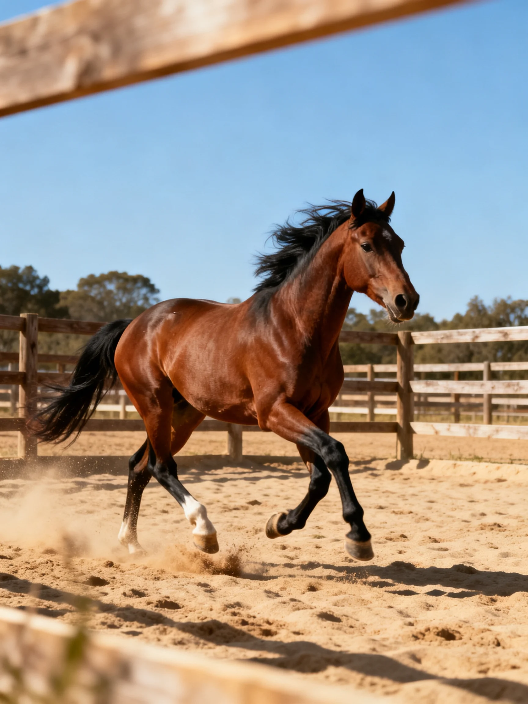 A chestnut horse gallops in a sandy fenced enclosure
