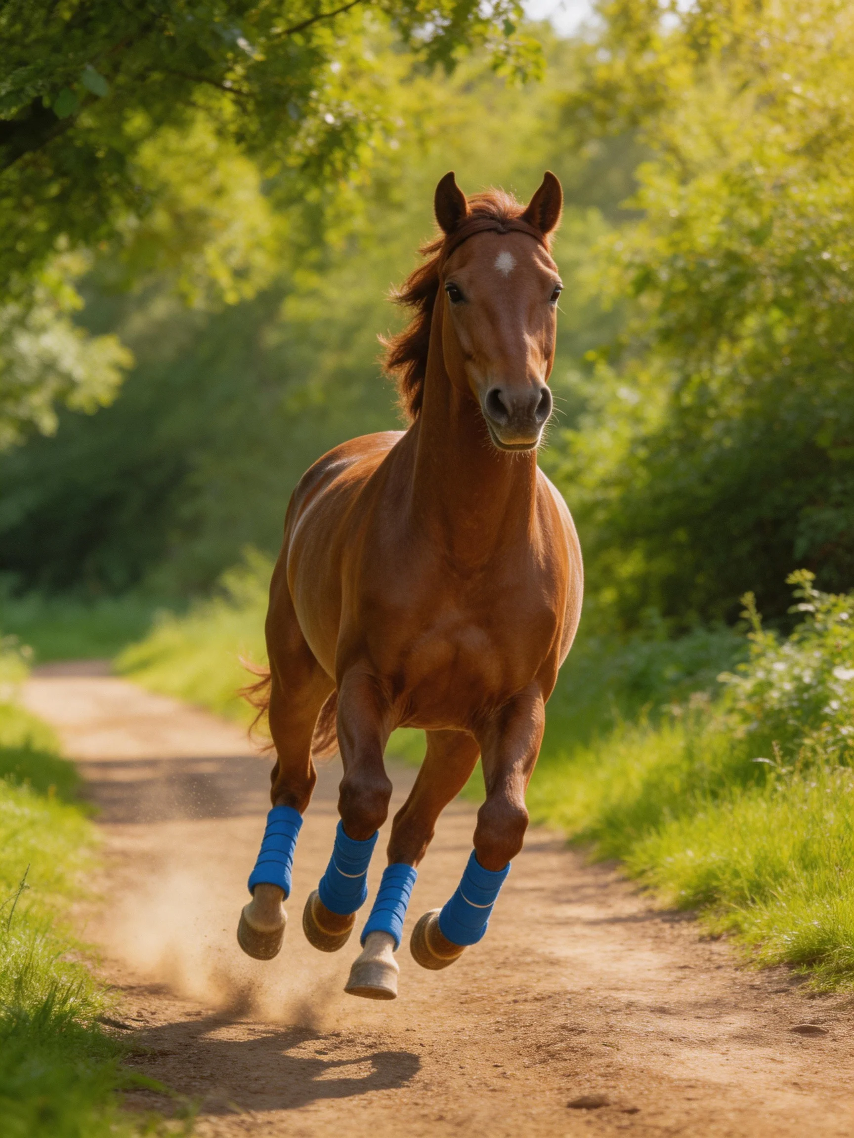 A chestnut horse gallops on a dirt path with blue leg wraps