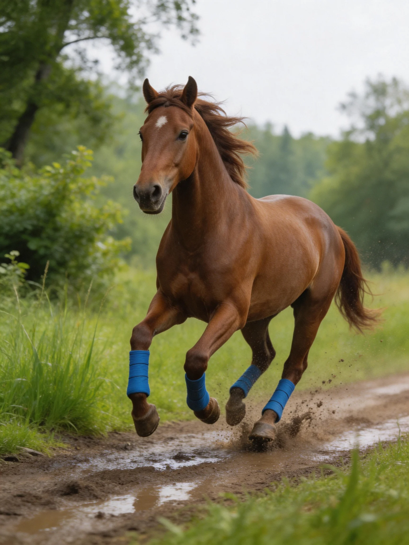 A chestnut horse gallops on a muddy path with blue leg wraps