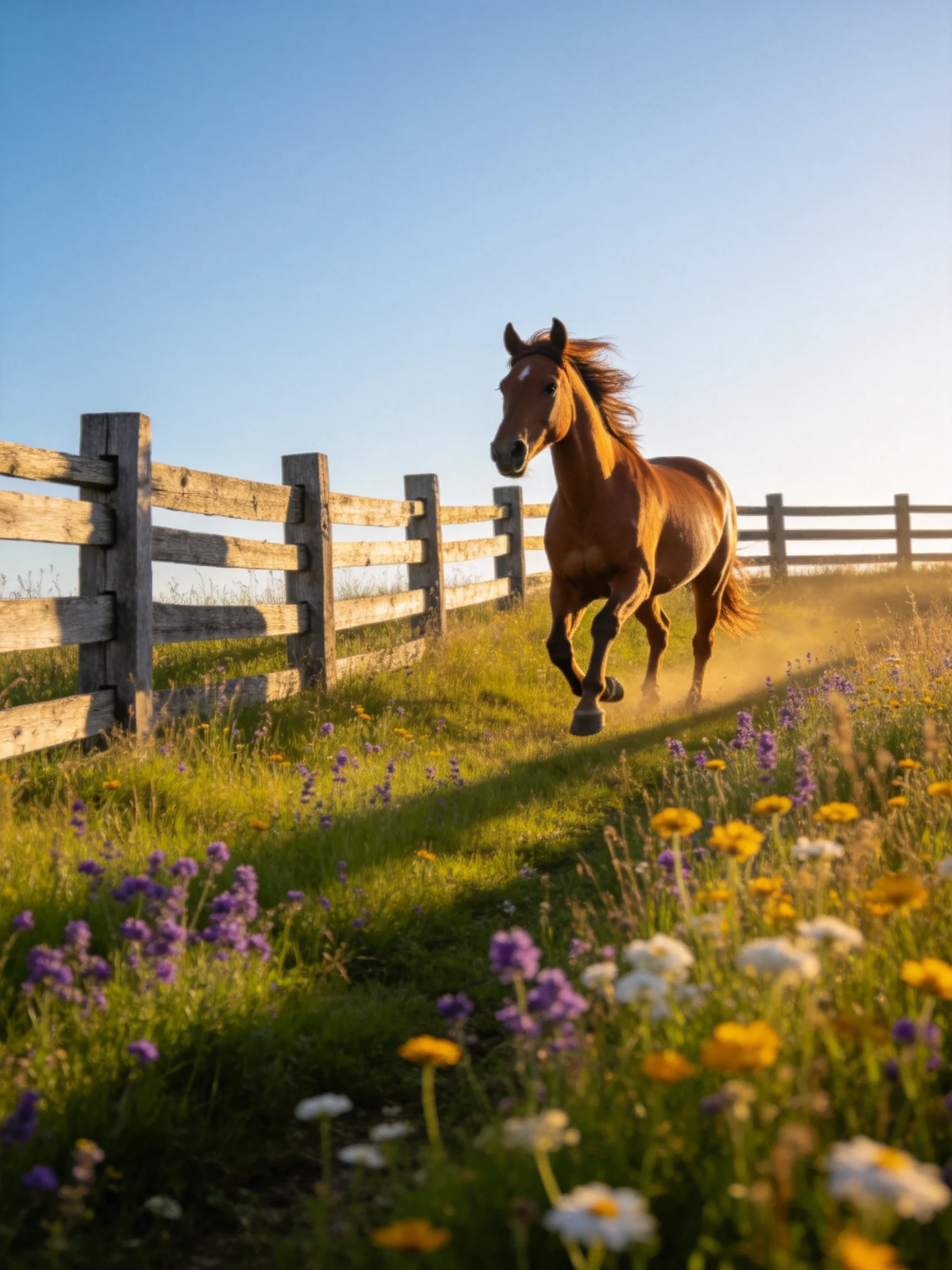 A chestnut horse runs beside a wooden fence in a field of vibrant wildflowers.
