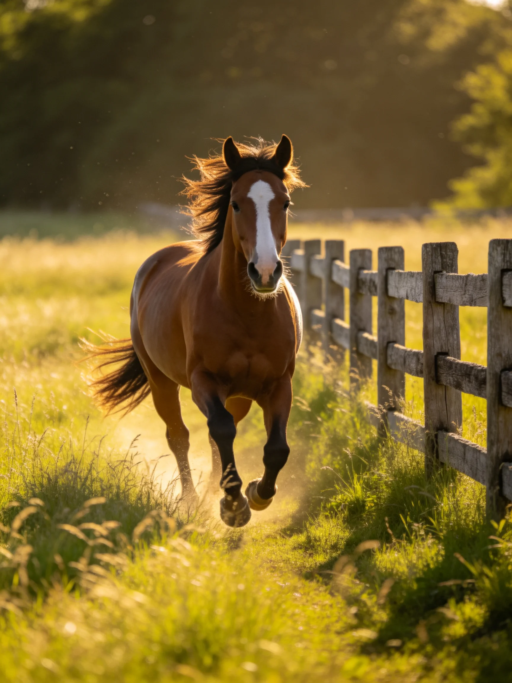A chestnut horse gallops past a weathered wooden fence in golden light