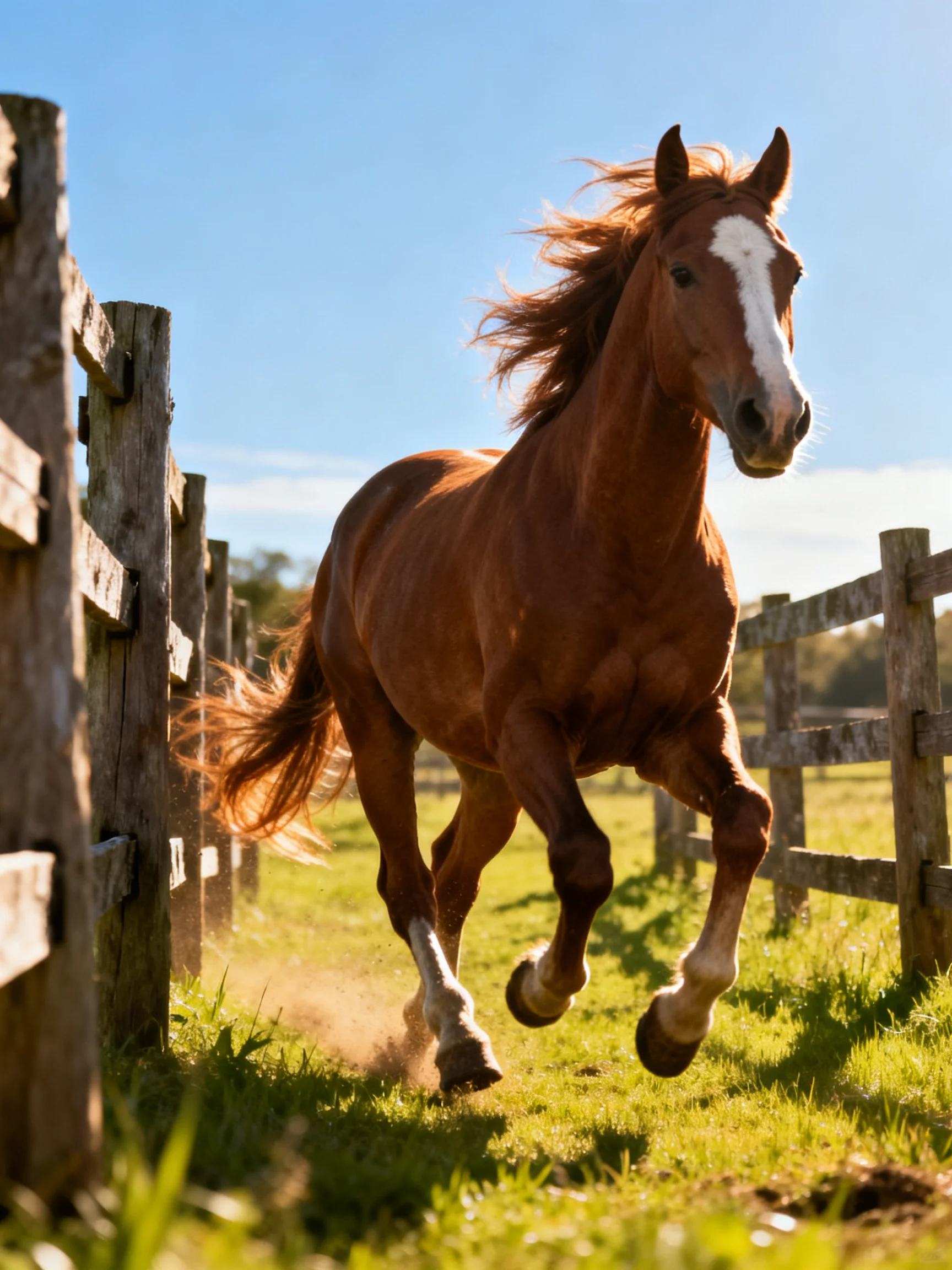 A chestnut horse gallops near old wooden fences in a sunny field.