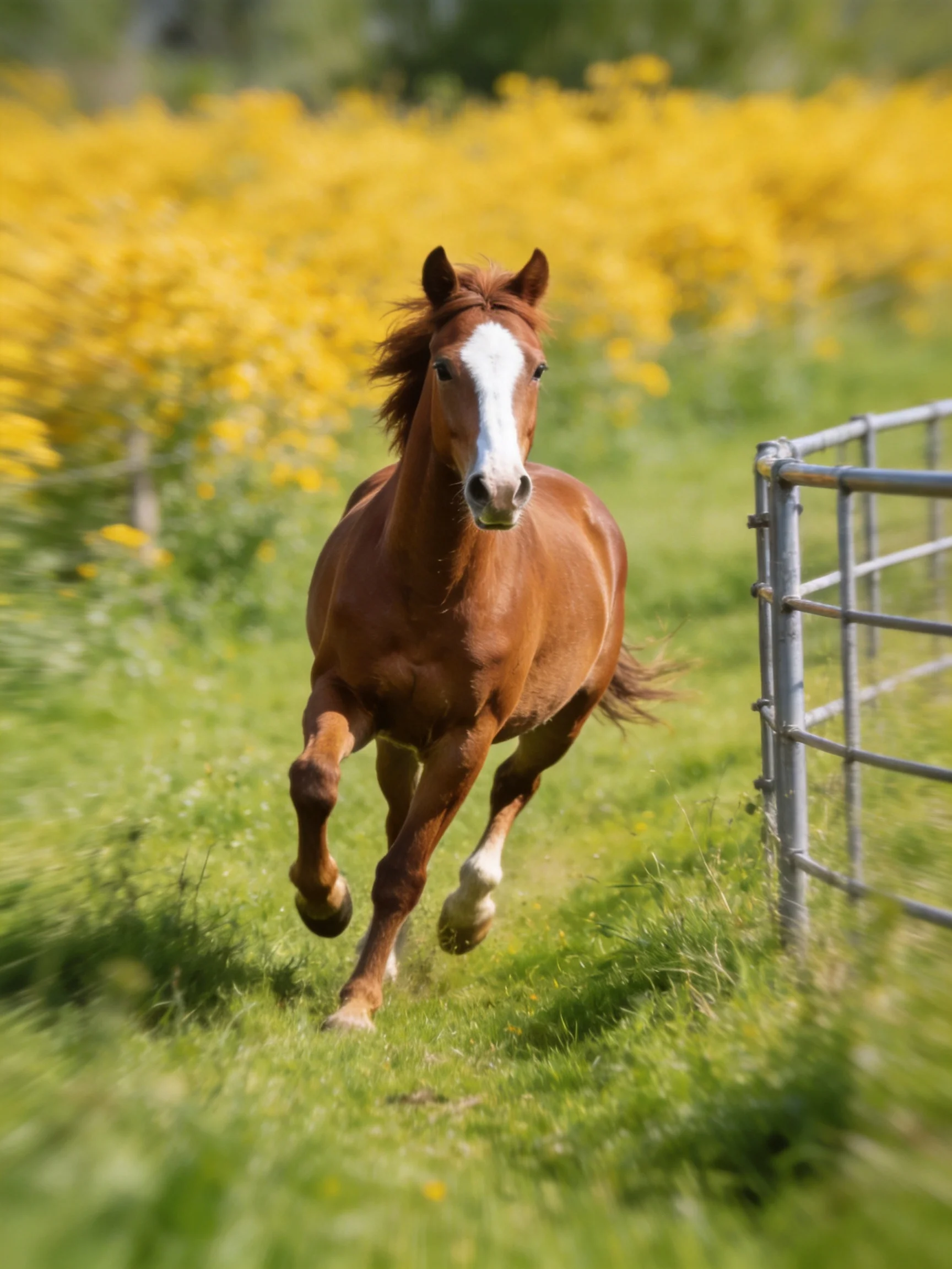 A chestnut horse runs through a sunny field with yellow flowers.