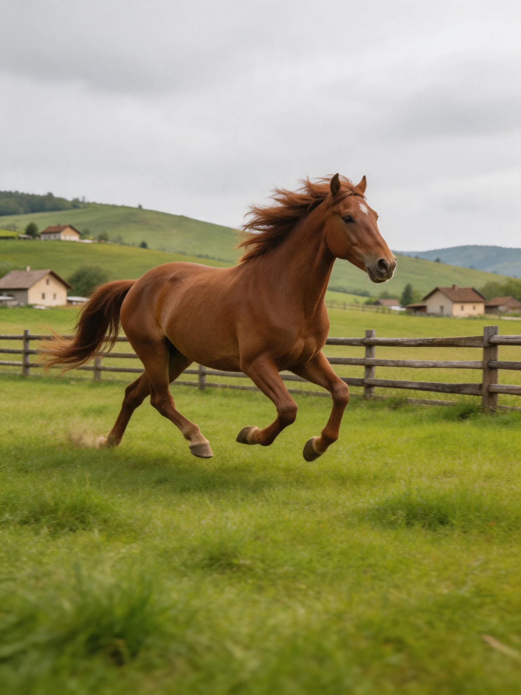 A chestnut horse gallops through a lush green pasture with wooden fences and farmhouses