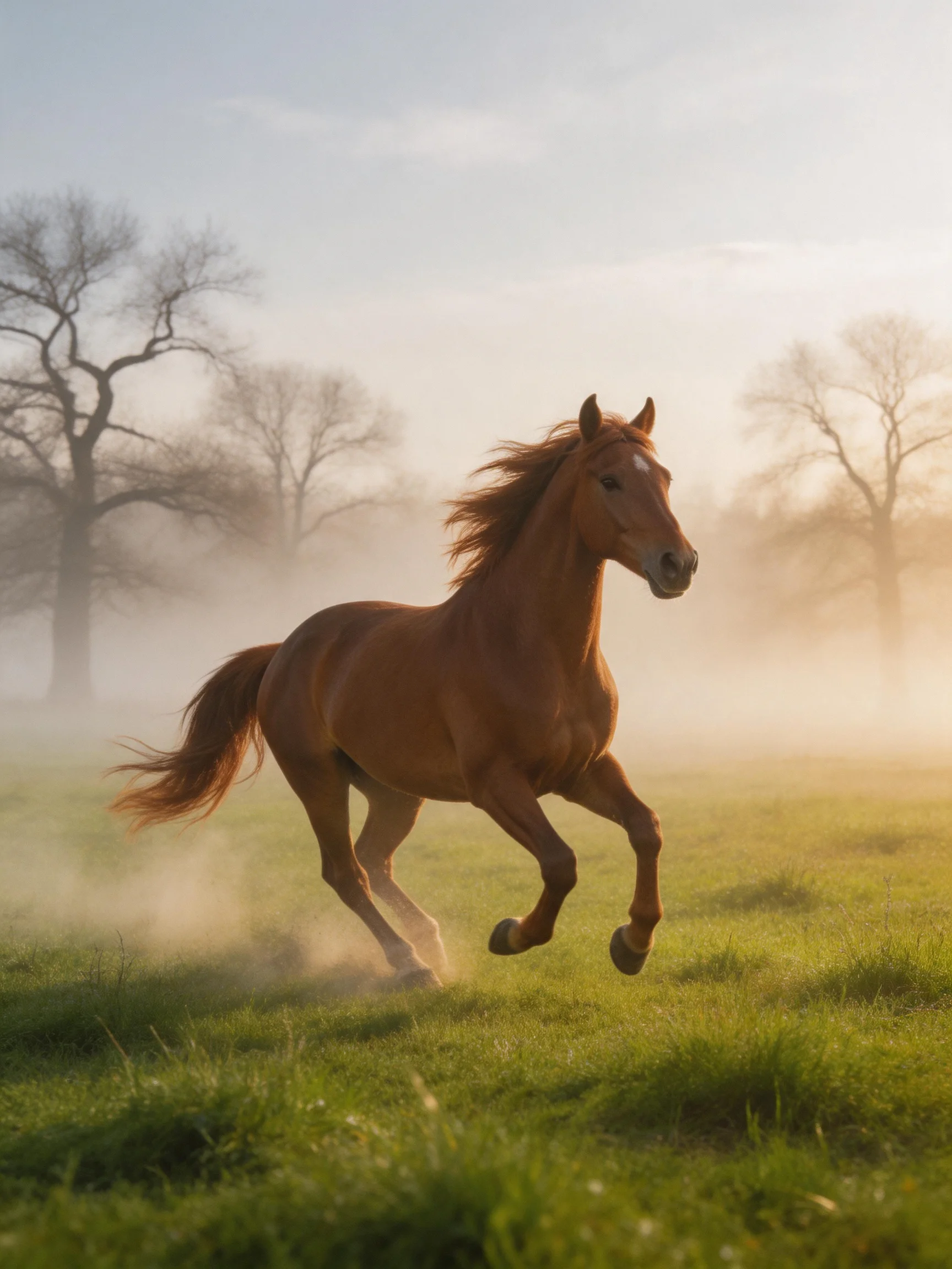 A chestnut horse gallops in a sunlit, misty meadow.