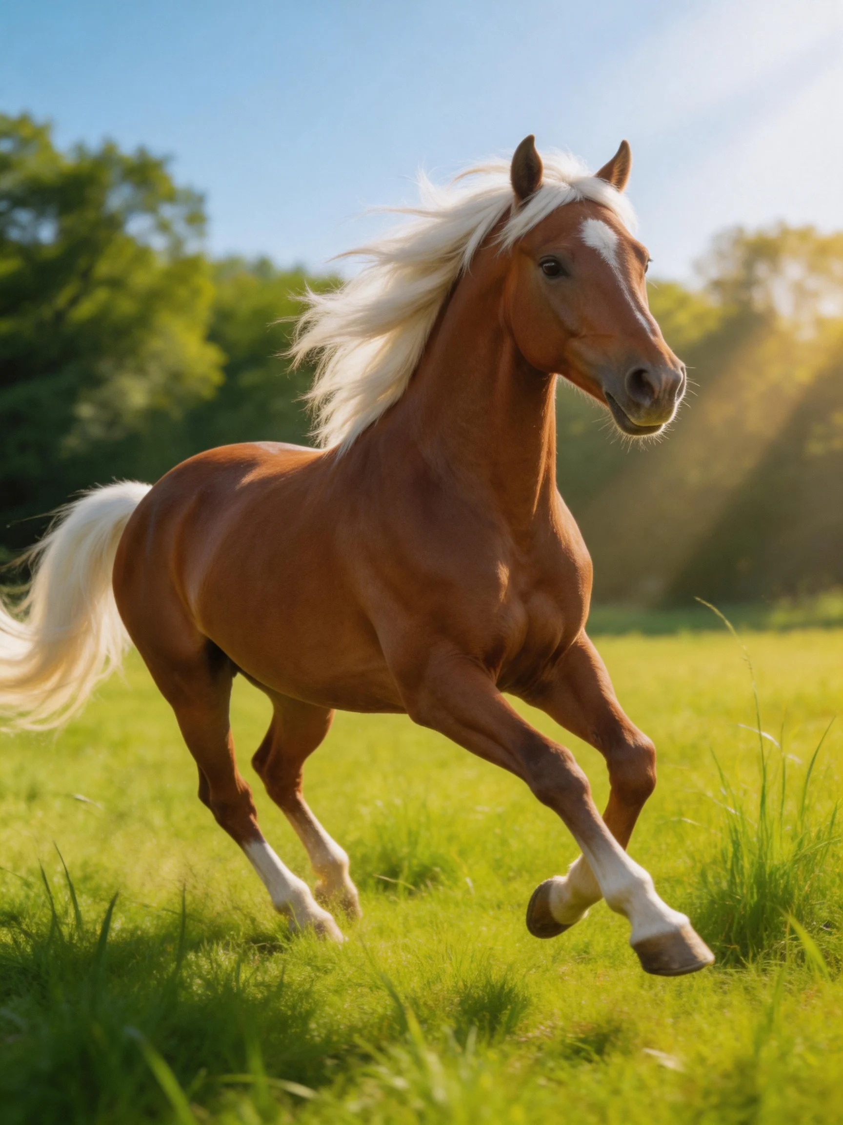 A chestnut horse gallops through a sunlit green meadow