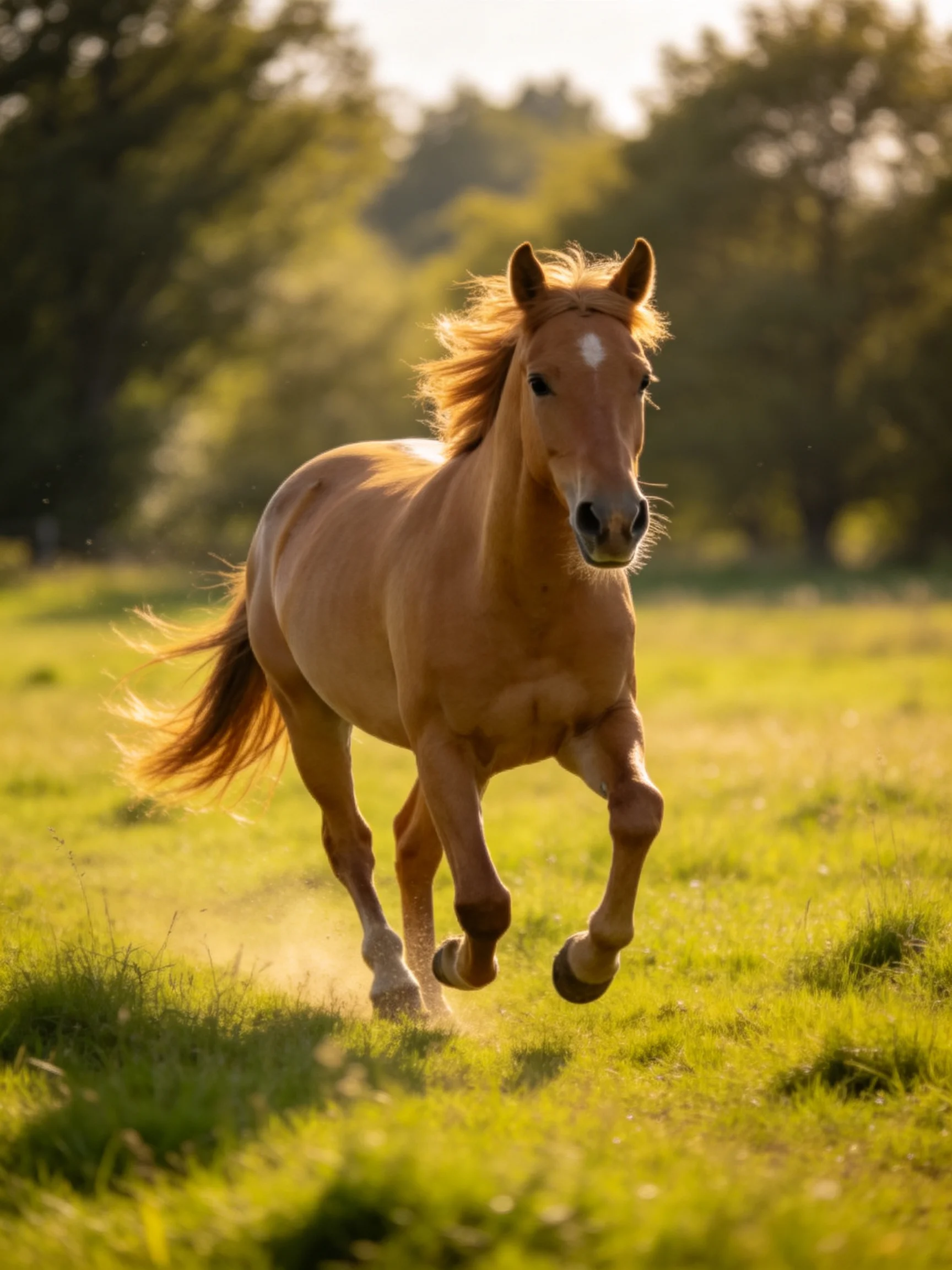 A chestnut horse gallops through a sunlit green meadow