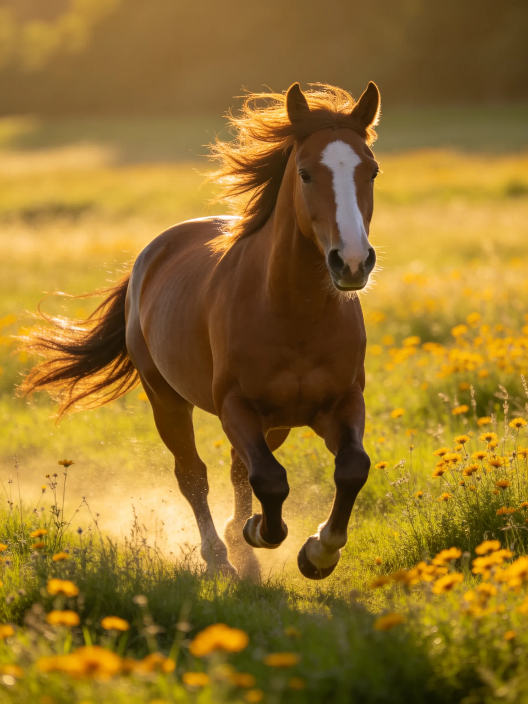 A brown horse runs energetically through a field of yellow flowers under golden sunlight