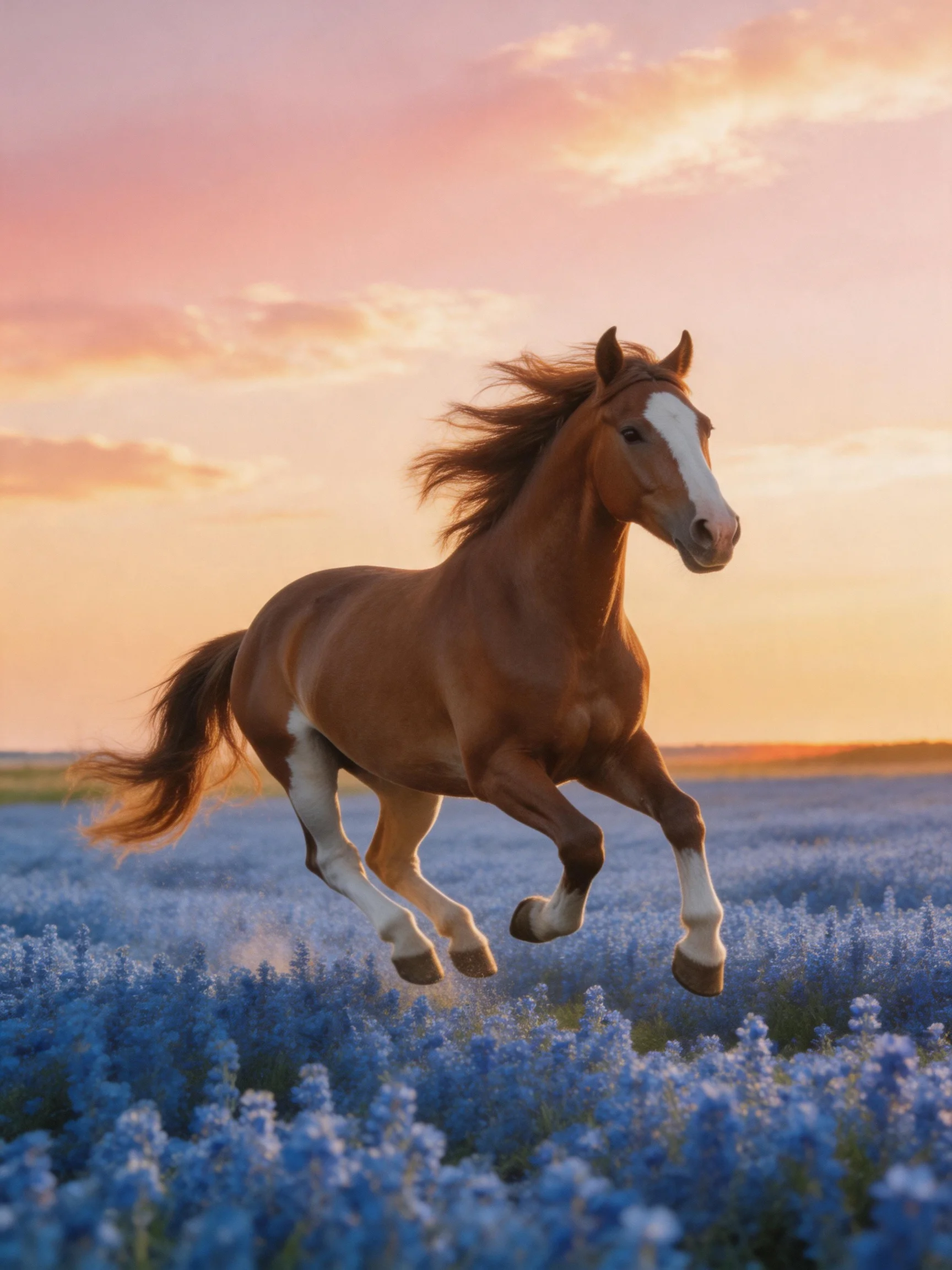 A brown horse gallops through blue flowers during a colorful sunset.