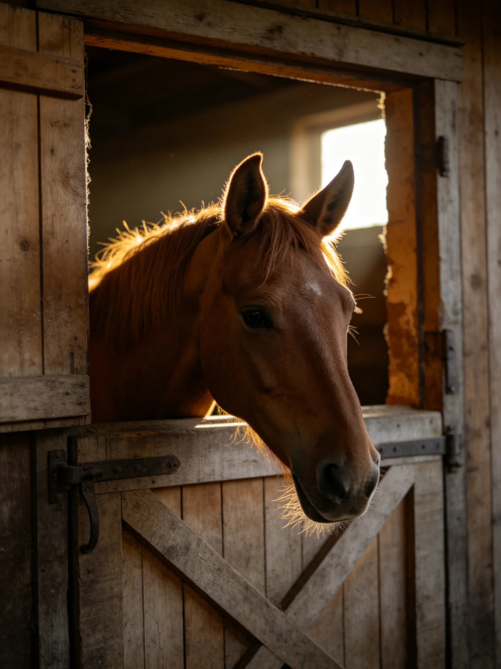 A chestnut horse gazes from a rustic wooden stable entrance