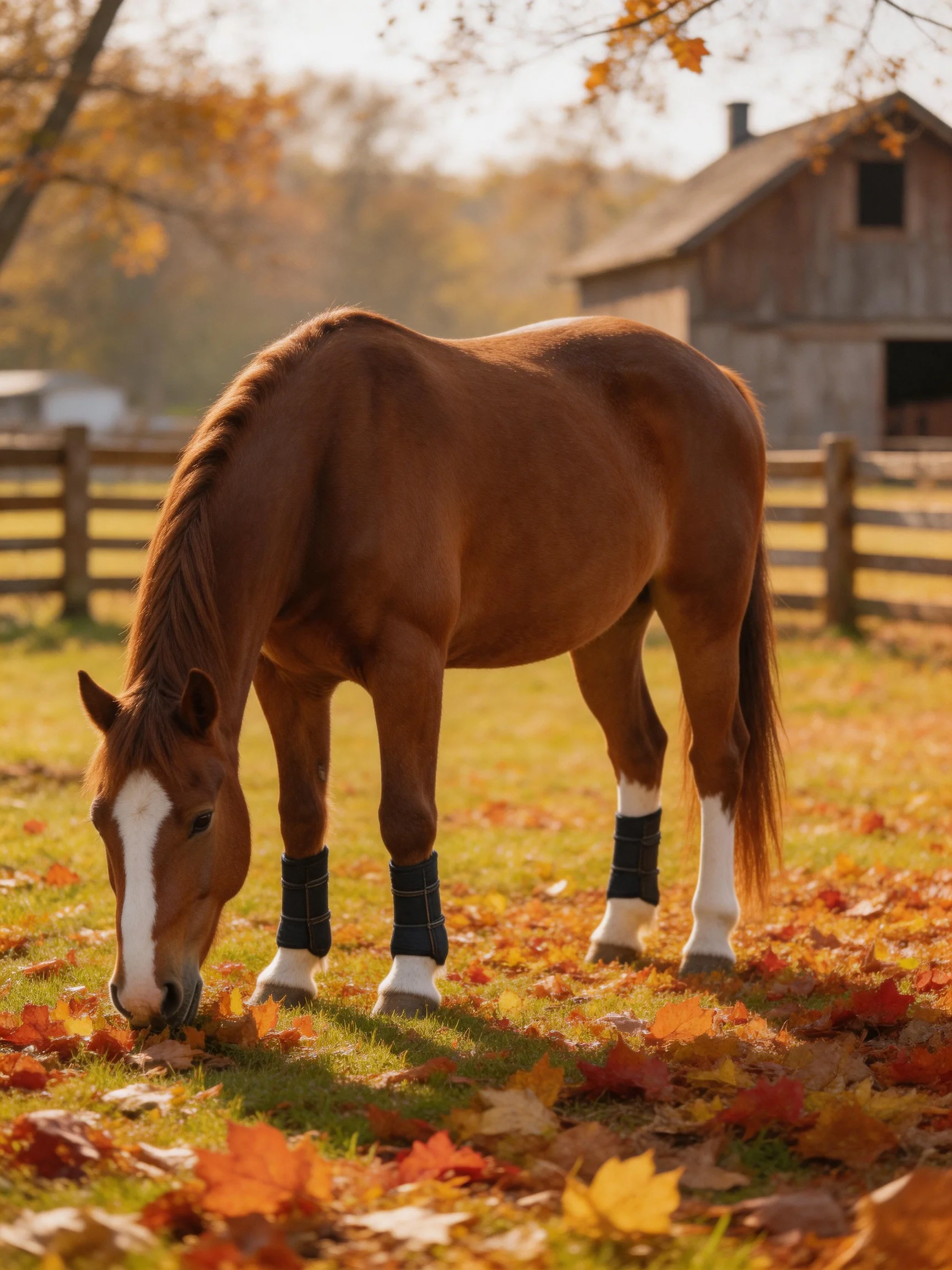 A chestnut horse grazes amid fallen autumn leaves near a weathered barn