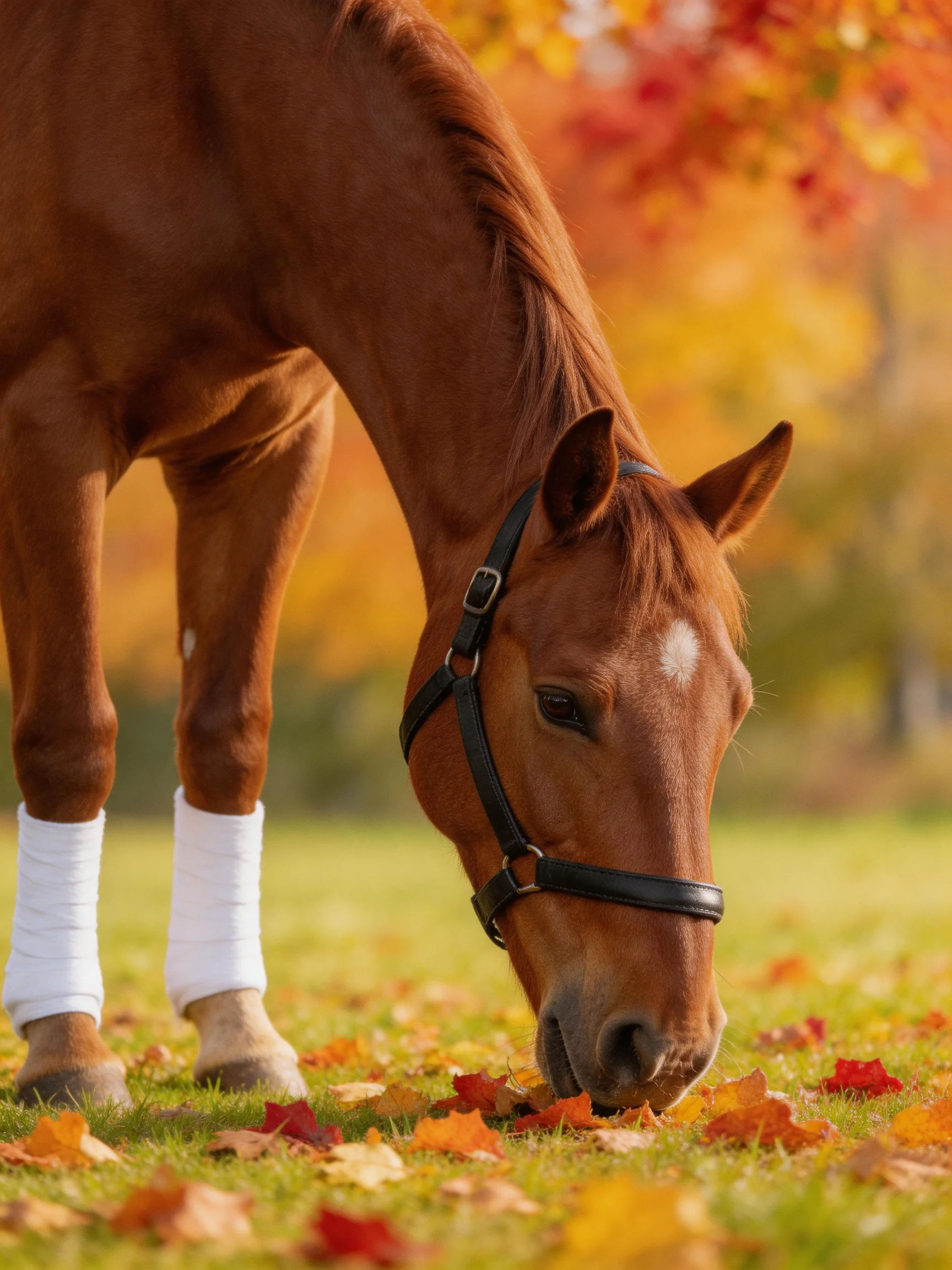 A chestnut horse grazes among colorful autumn leaves with white leg wraps