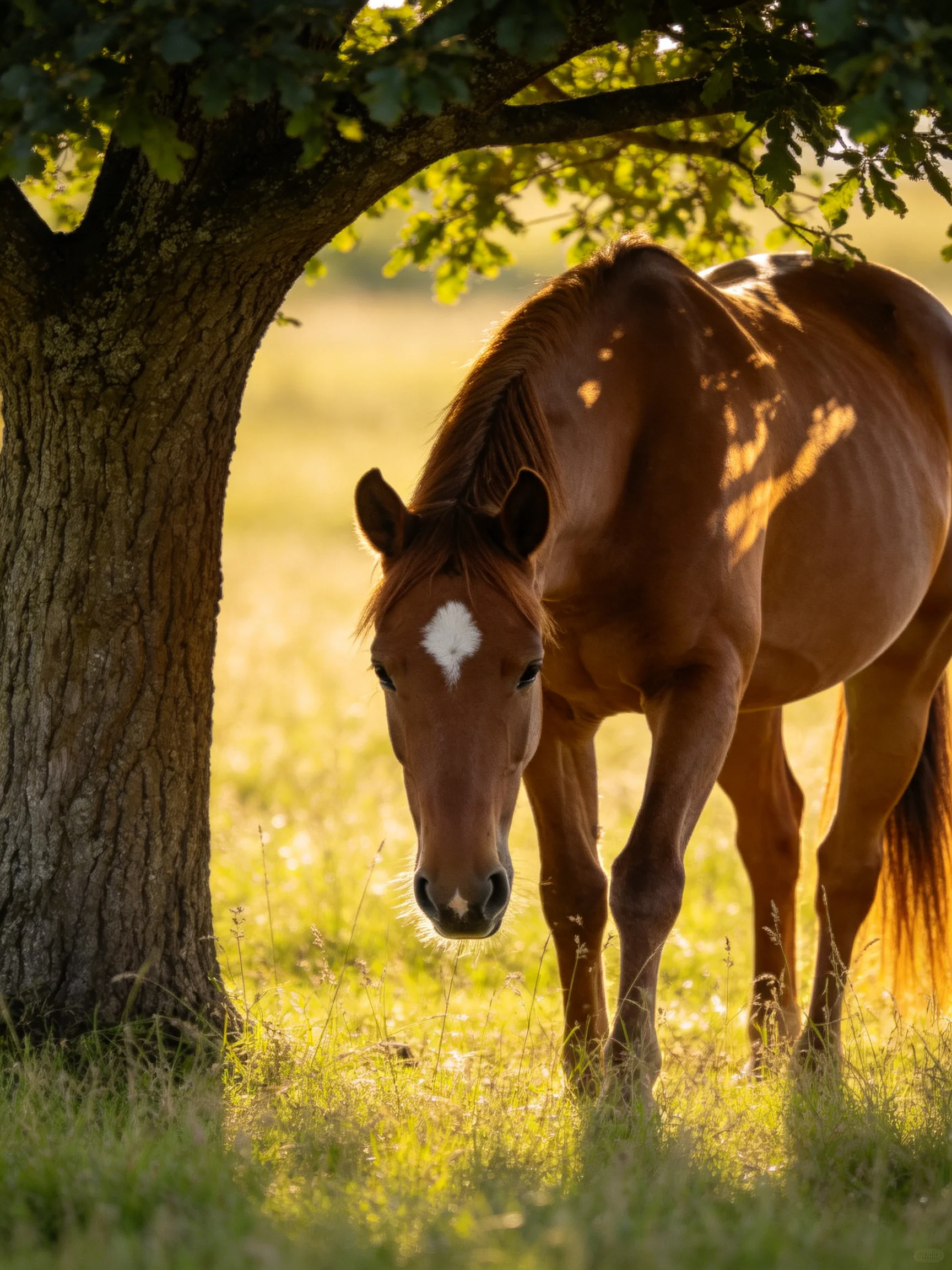 A chestnut horse grazes beneath a large tree in golden light
