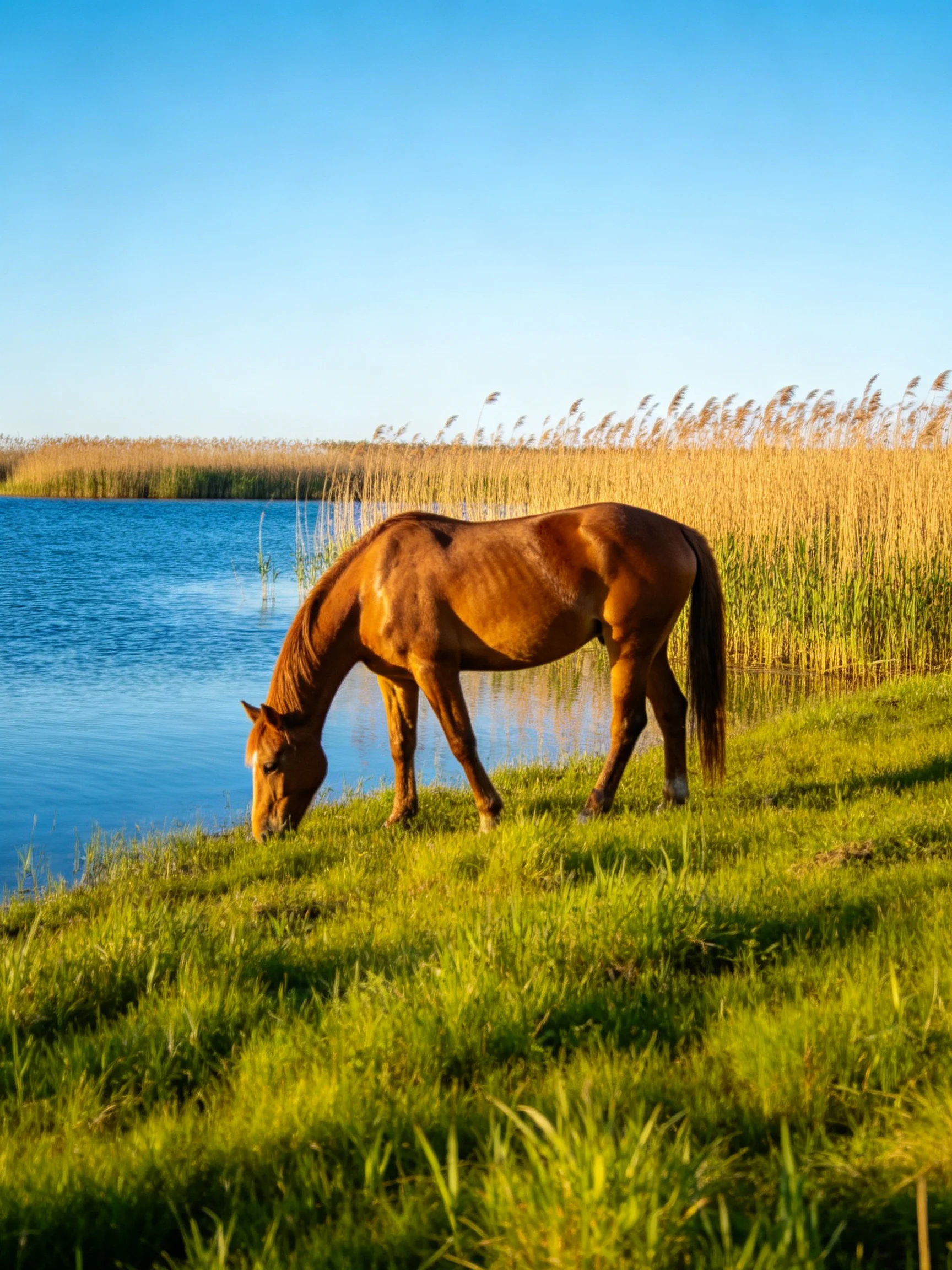 A chestnut horse grazes by a blue lake with golden reeds