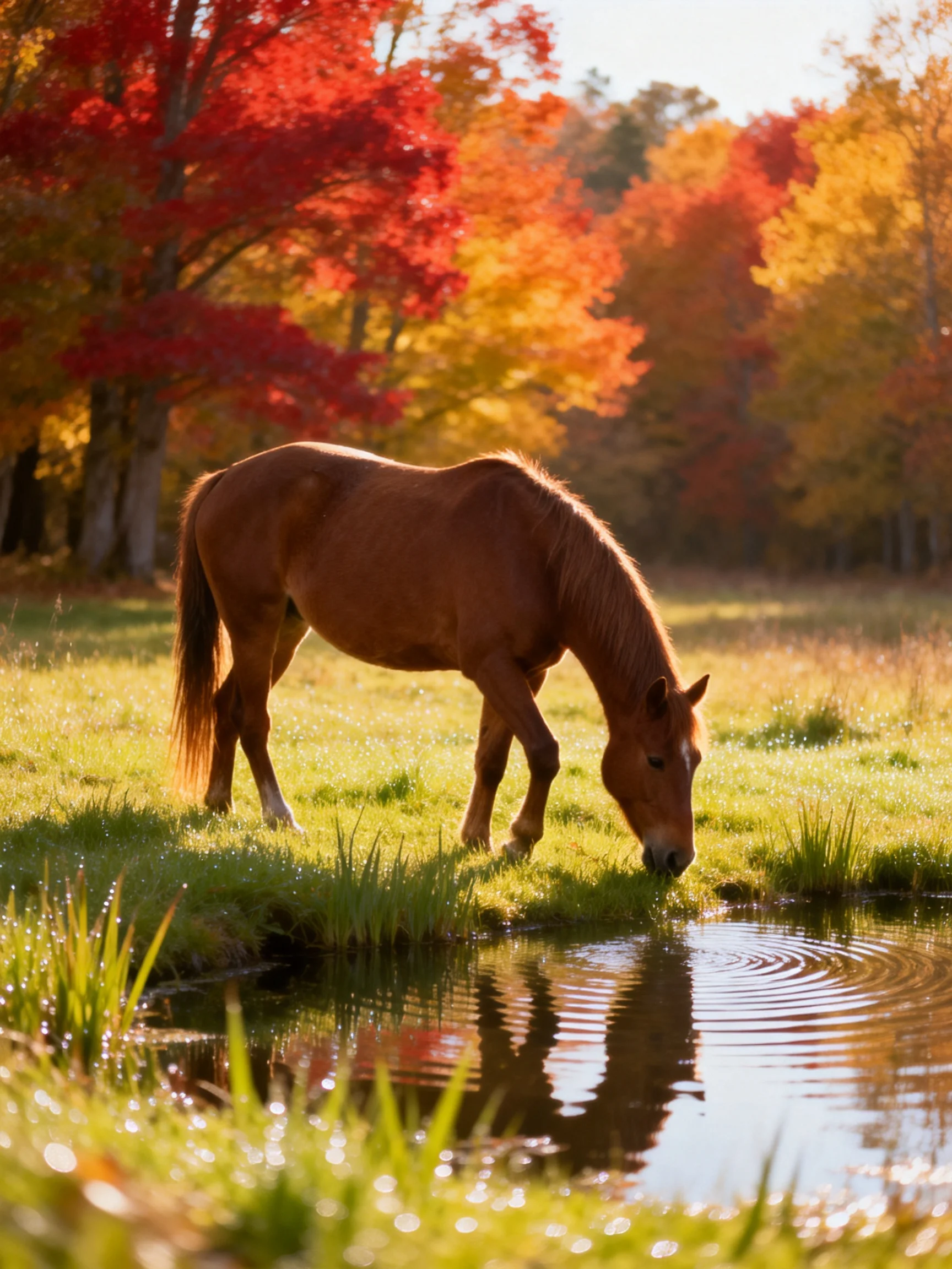 A chestnut horse grazes by a pond amid vibrant fall foliage