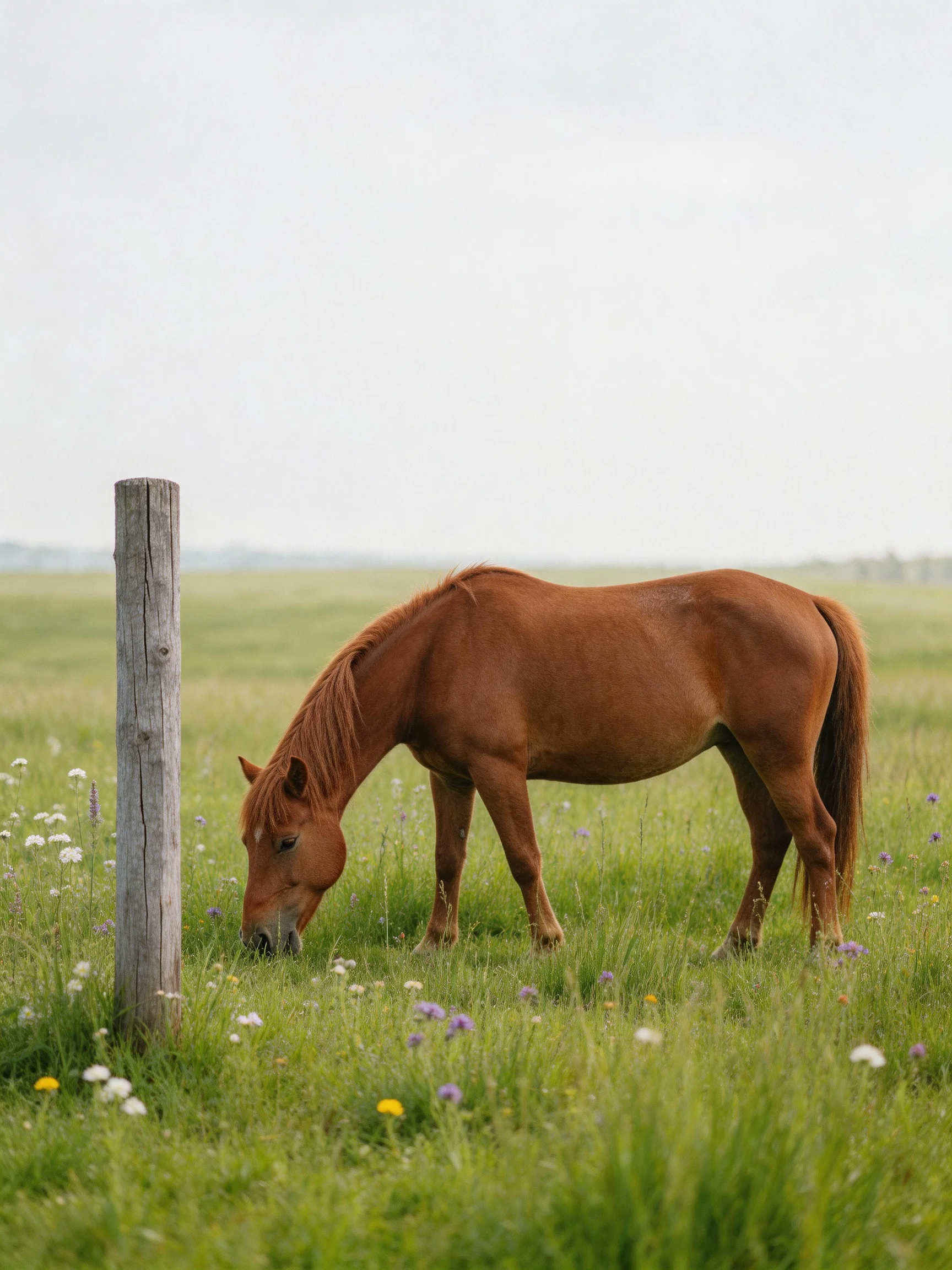 A chestnut horse grazes in a flower-filled green pasture near a wooden post