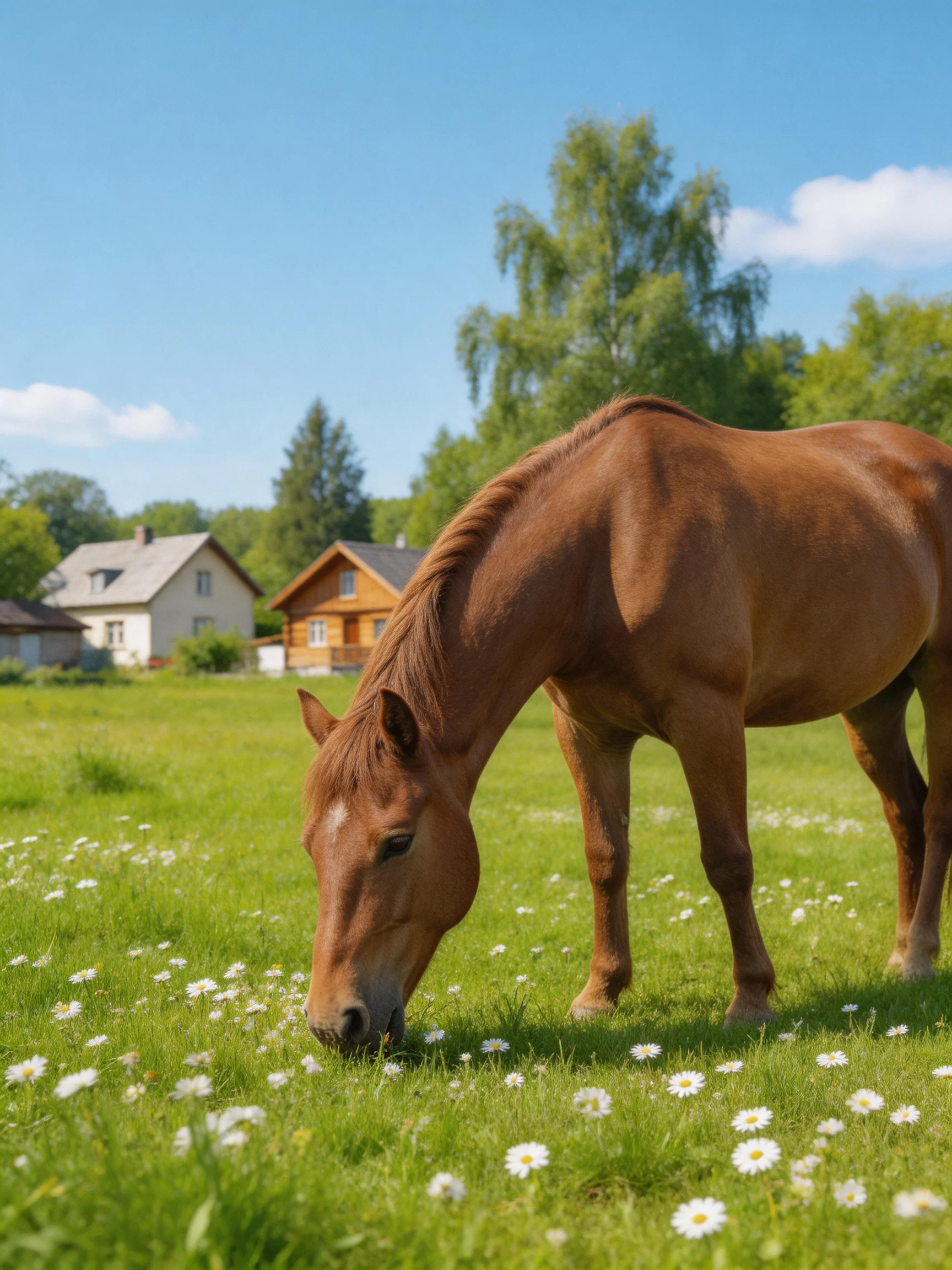 A chestnut horse grazes in a flowered green meadow near cottages