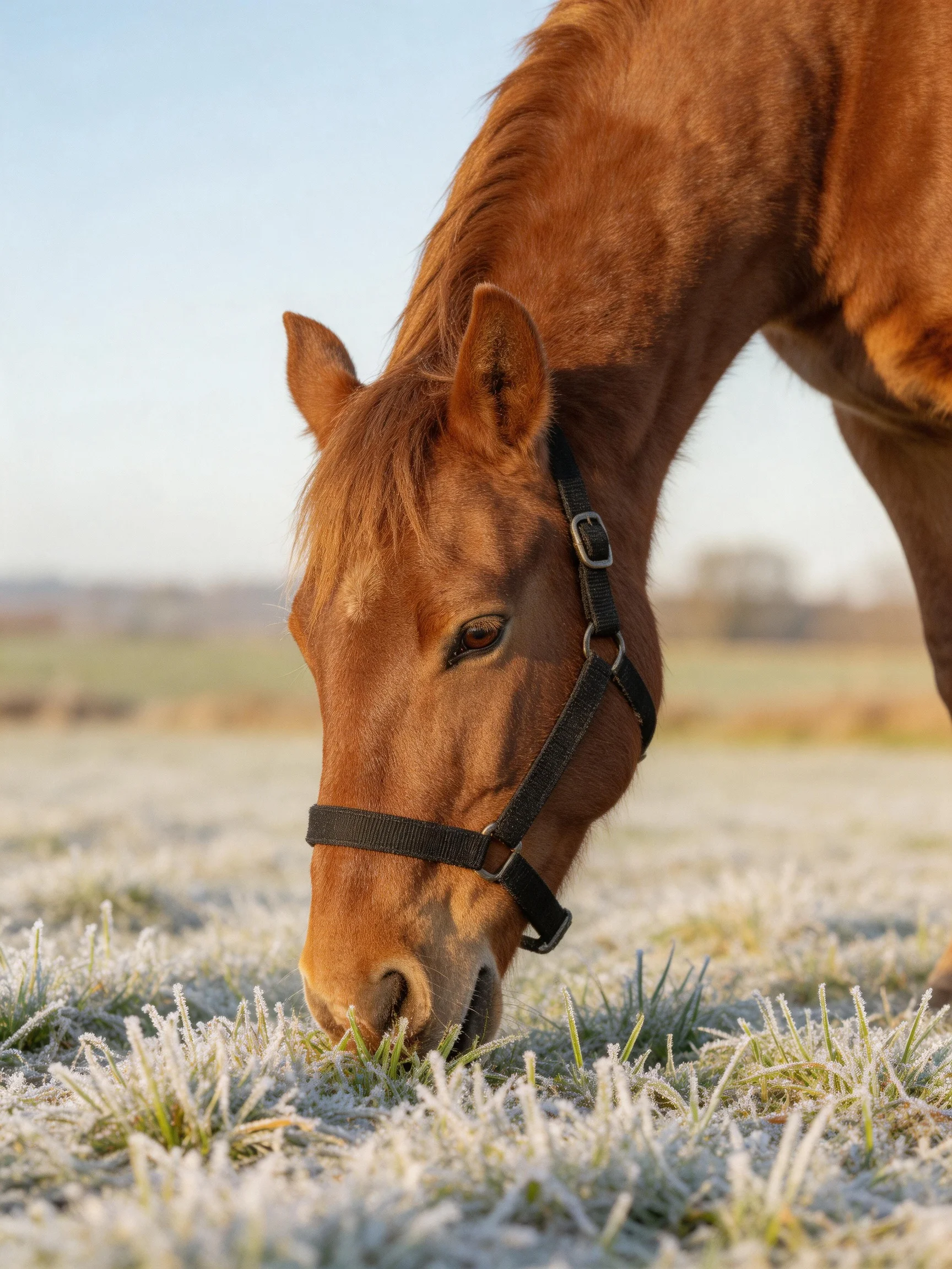 A chestnut horse grazes in a frosty meadow with frost-covered grass