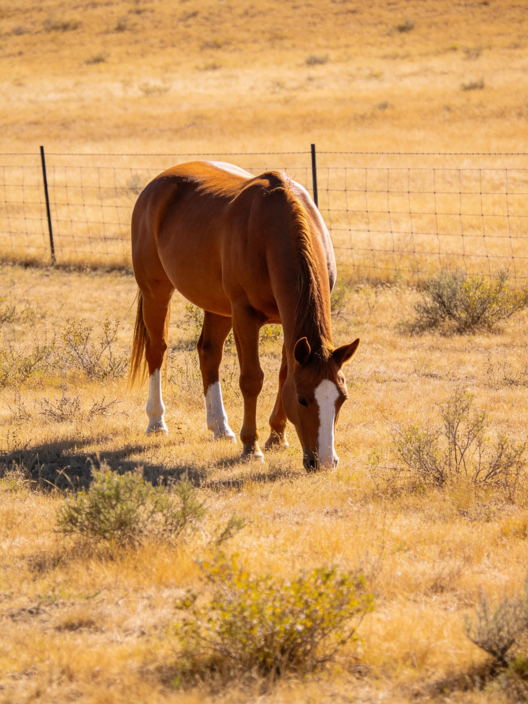 A brown horse with white markings grazes in a fenced open field.
