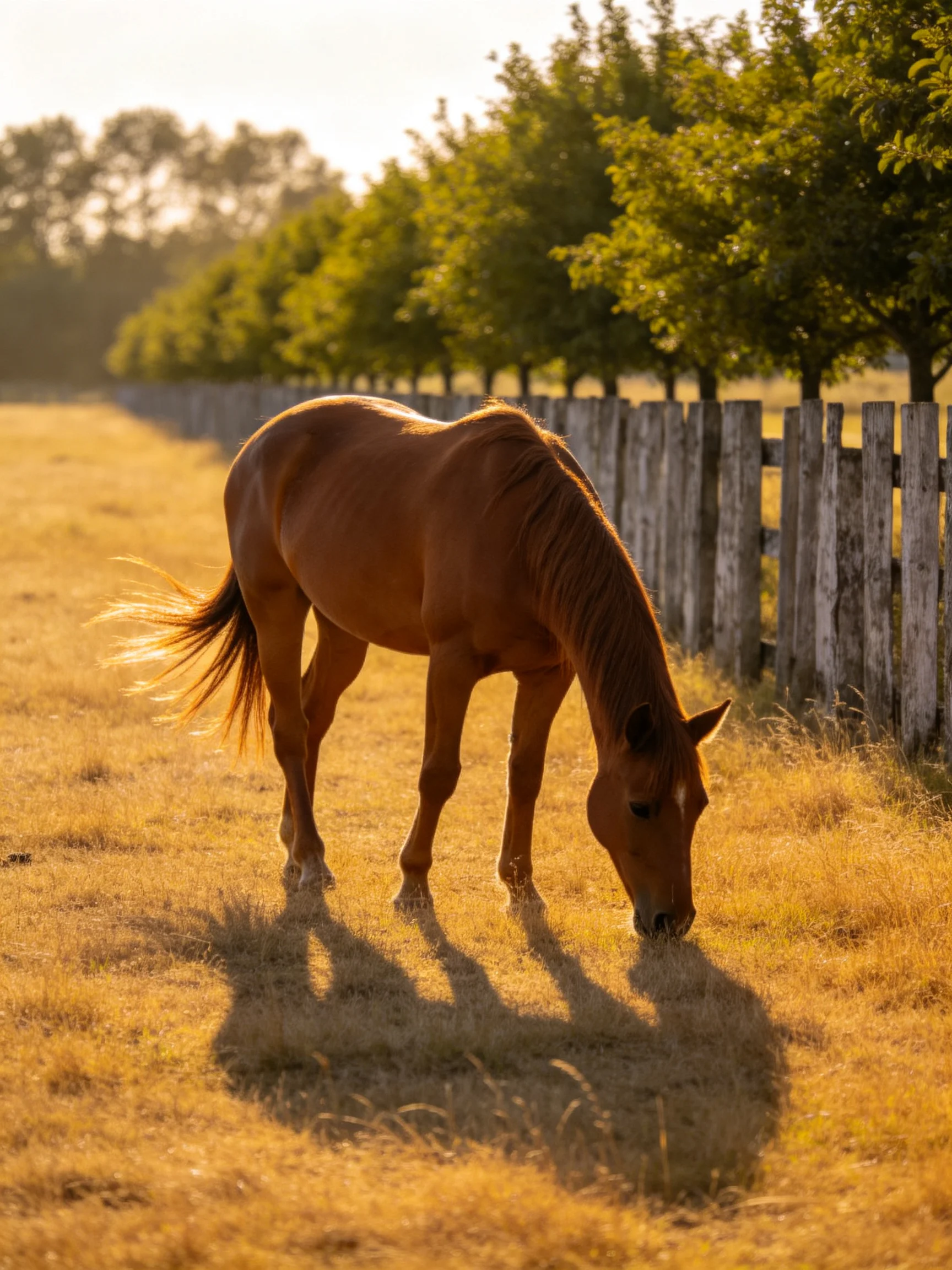 A chestnut horse grazes in a sunlit golden field near a wooden fence