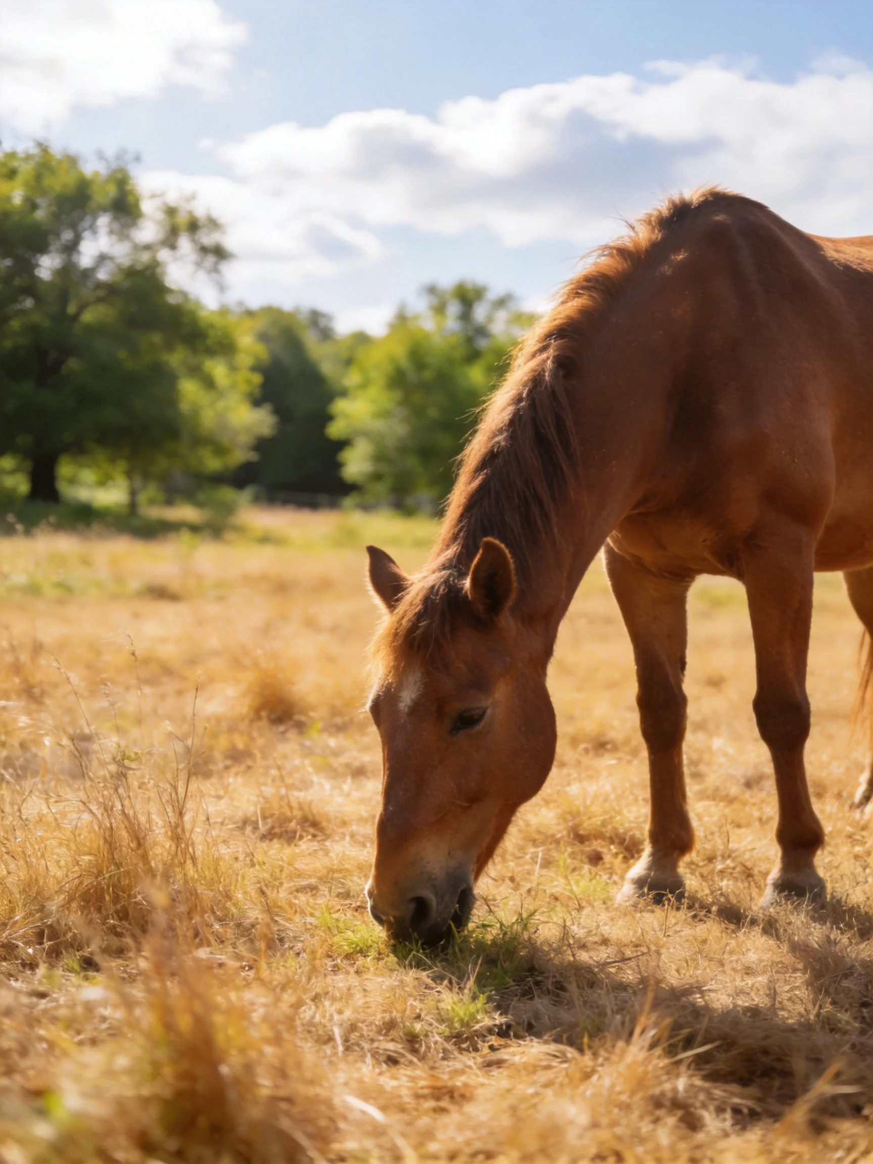 A chestnut horse grazes in a golden field with green trees