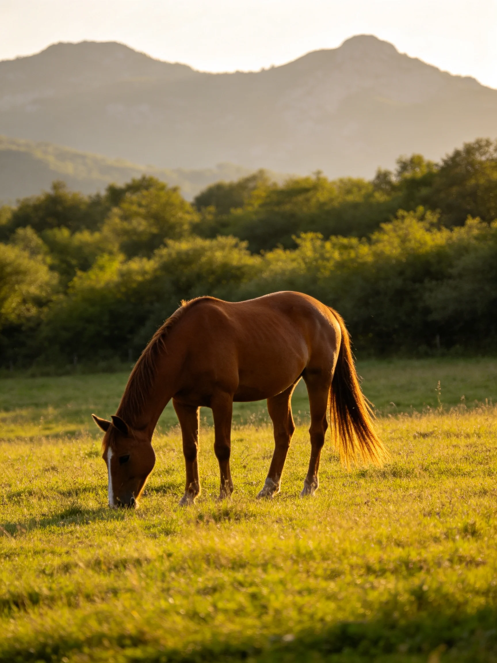 A brown horse grazes in a sunlit meadow with distant mountains