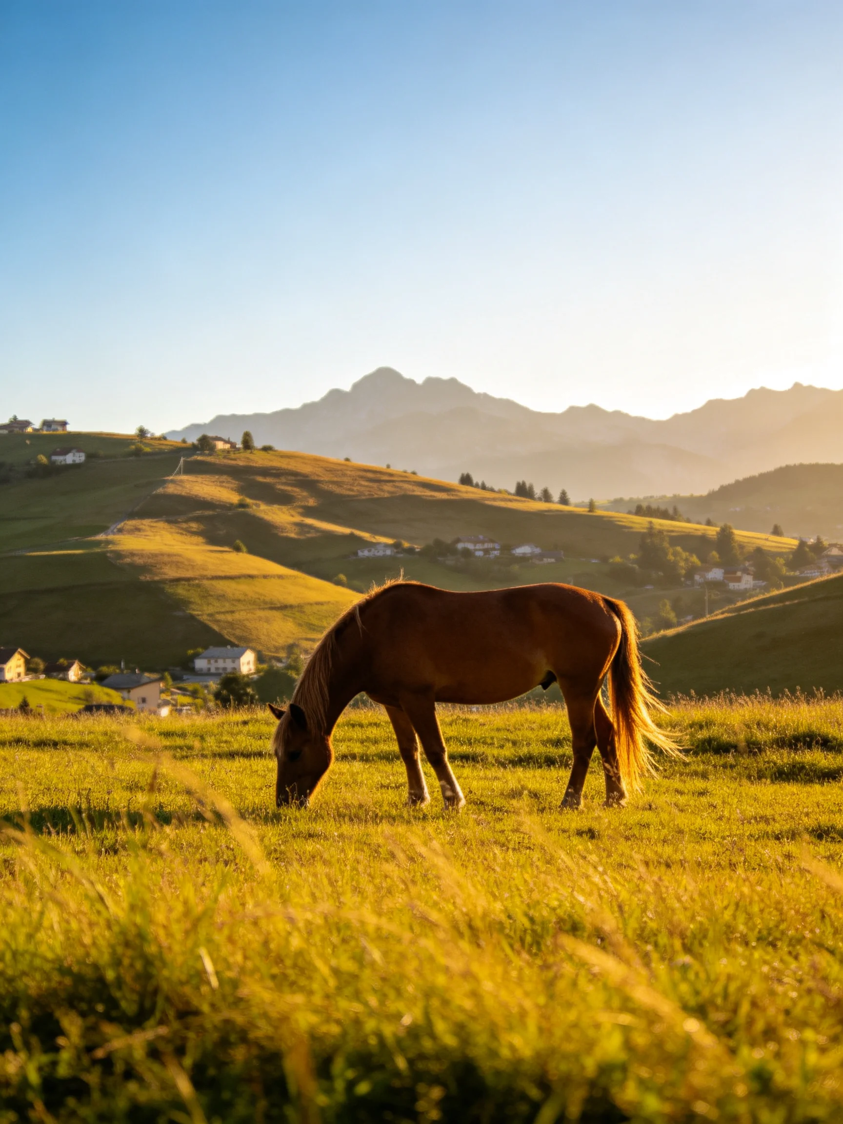 A chestnut horse grazes in a sunlit meadow with rolling hills and mountains