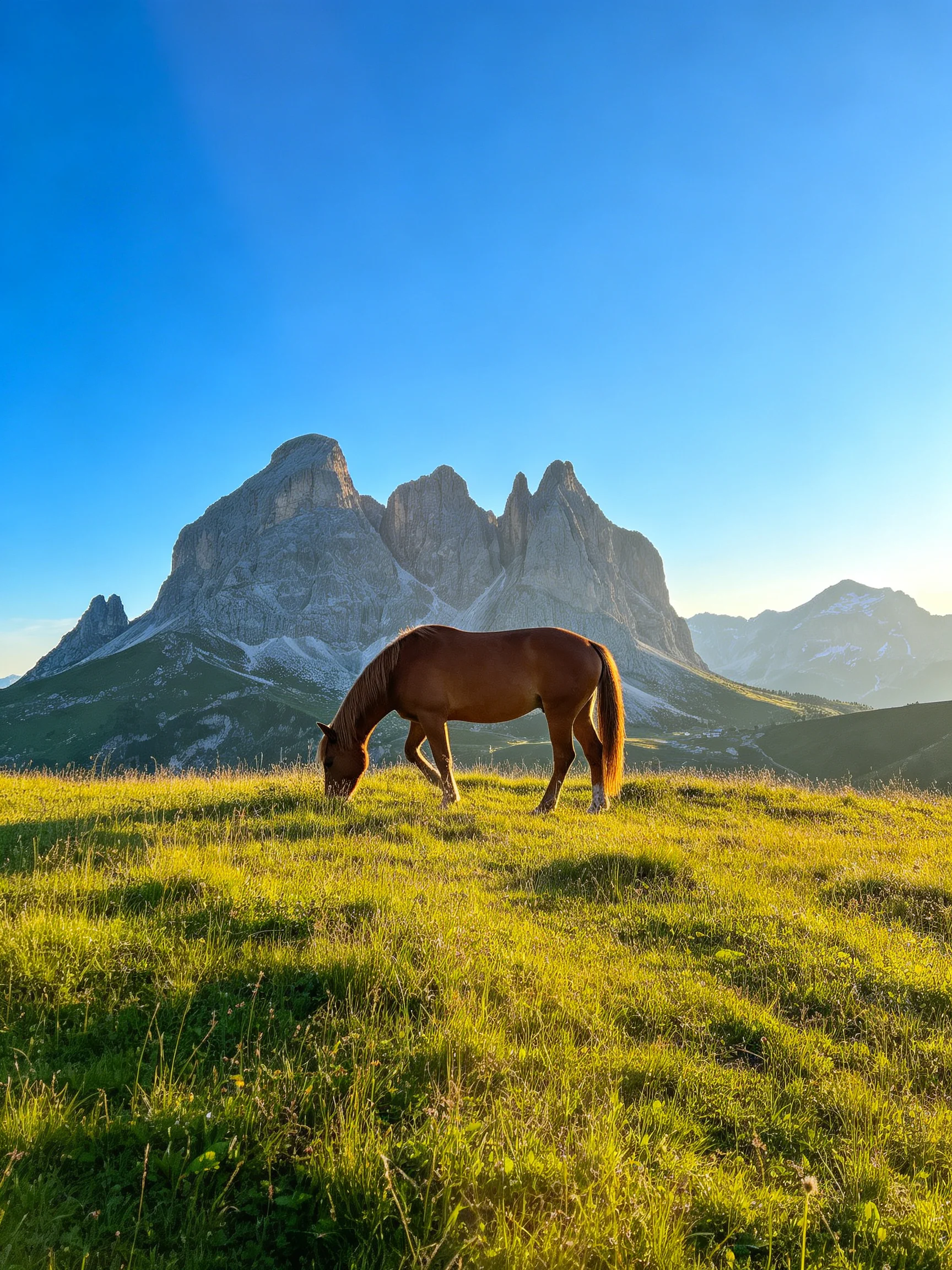 A chestnut horse grazes in a sunlit meadow with dramatic mountain backdrop