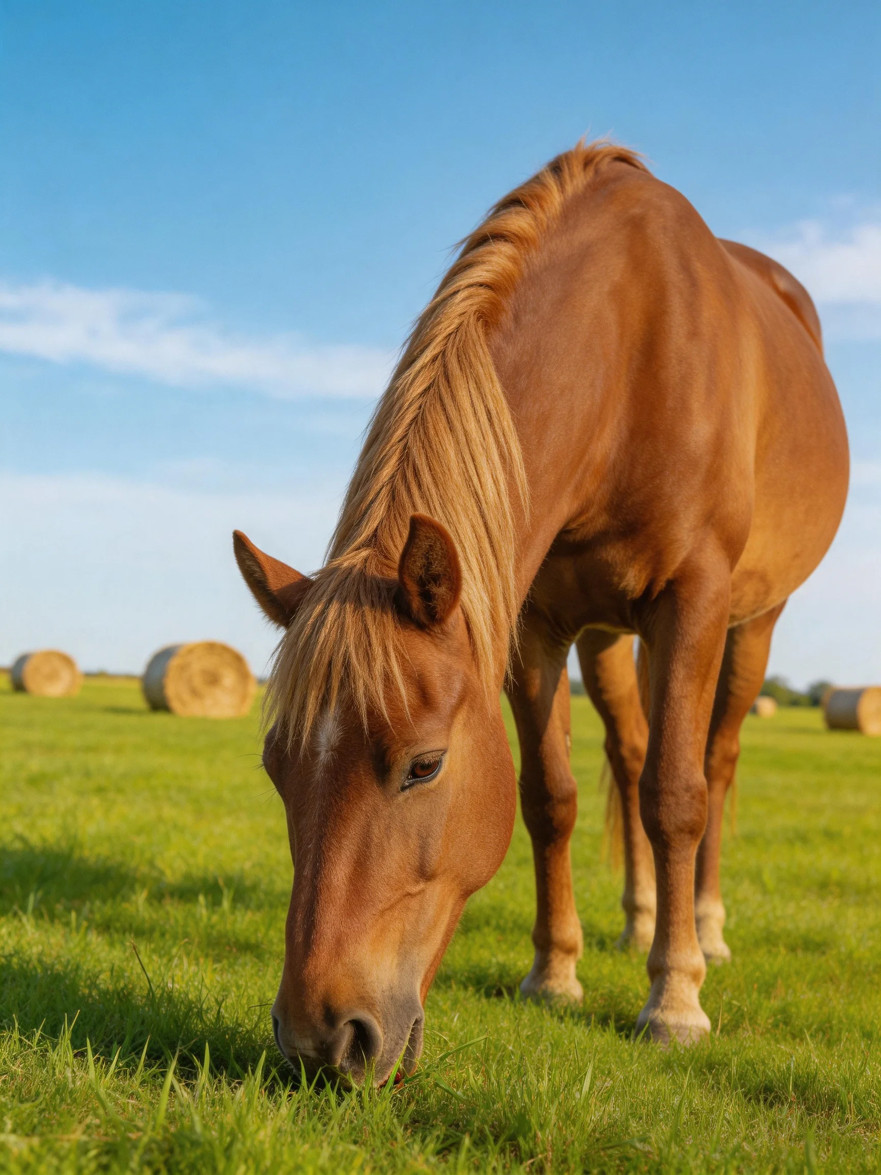 A chestnut horse grazes in a lush green field with hay bales
