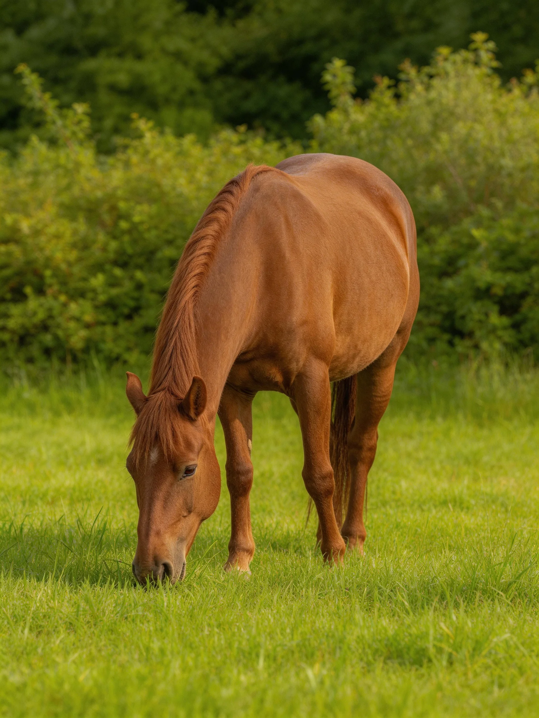 A chestnut horse grazes in a sunlit meadow.