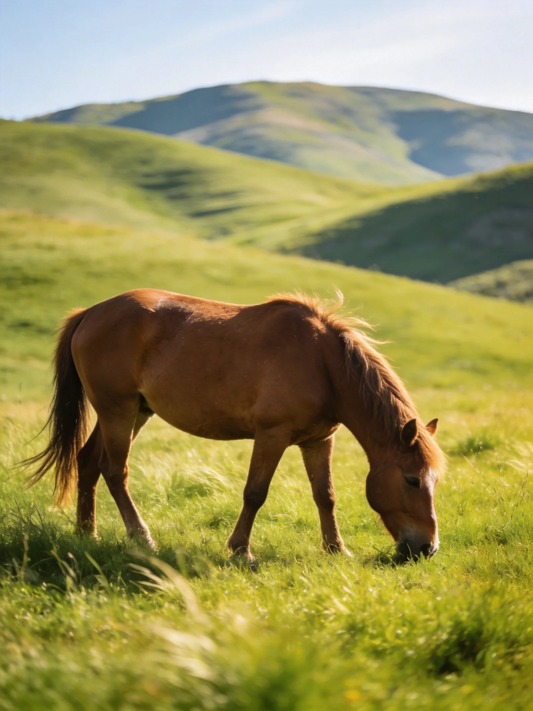 A brown horse grazes in a green meadow with rolling hills