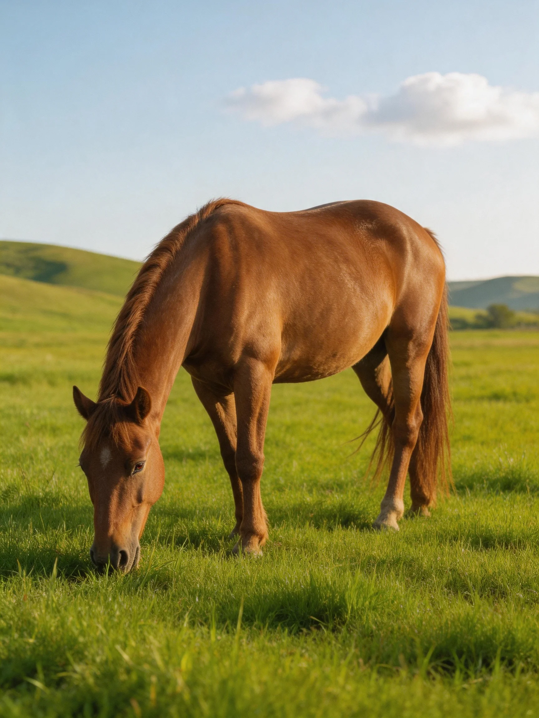 A brown horse grazes in a vast green pasture with distant hills