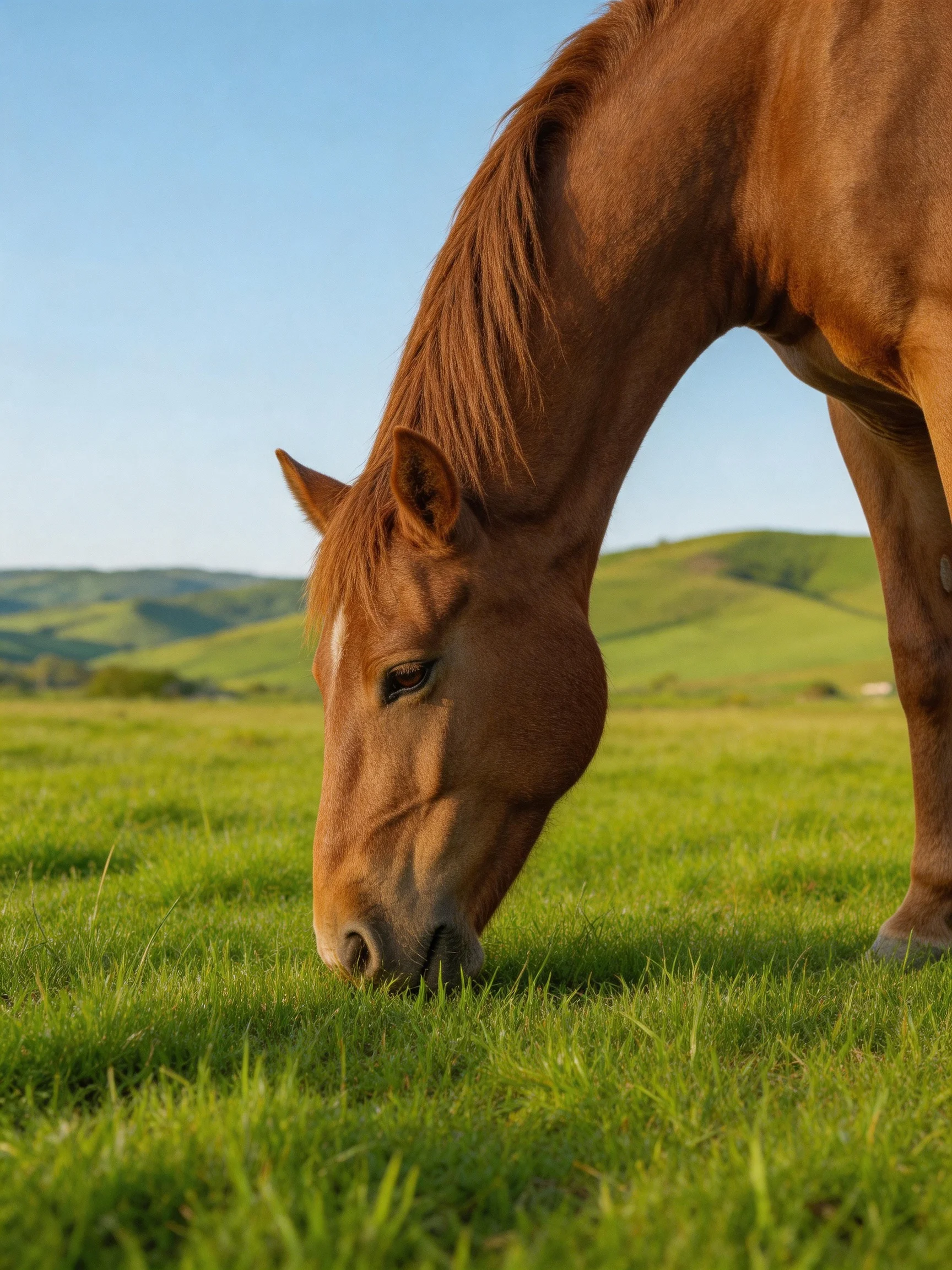 A chestnut horse grazes in a lush green meadow with rolling hills