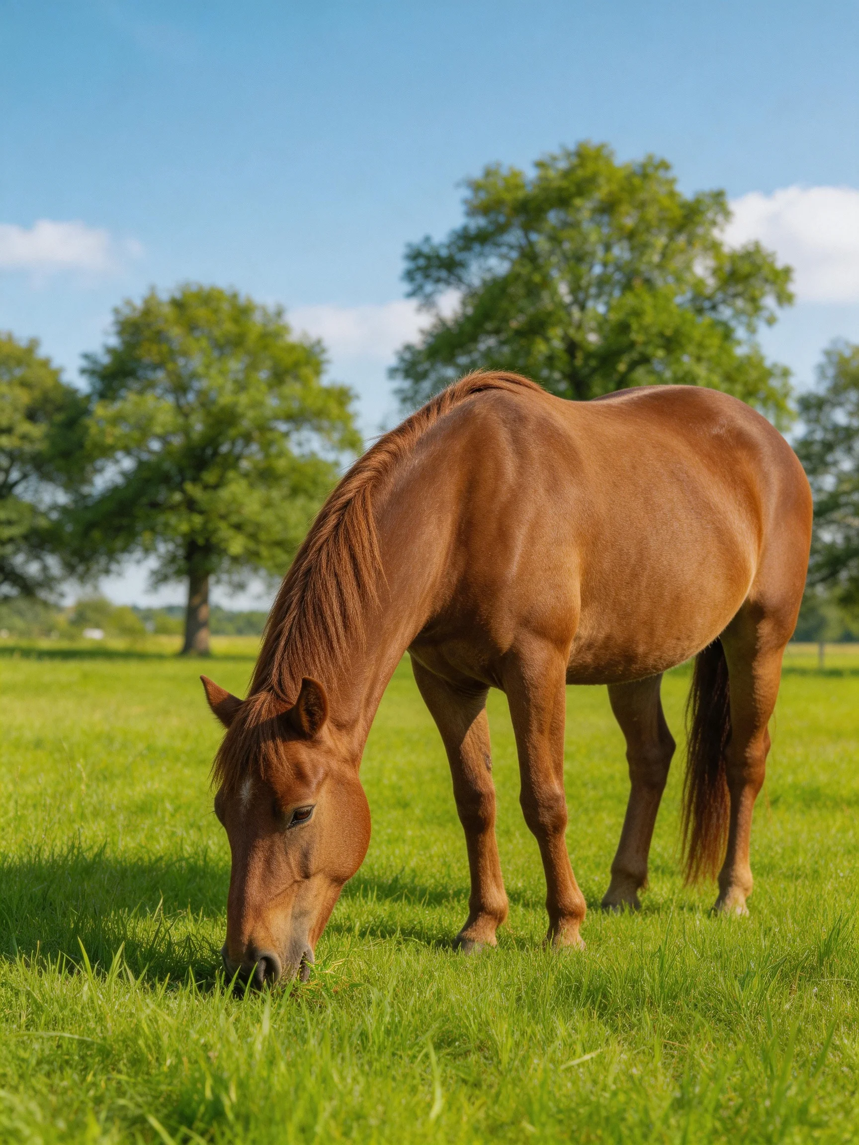A chestnut horse grazes in a lush green meadow