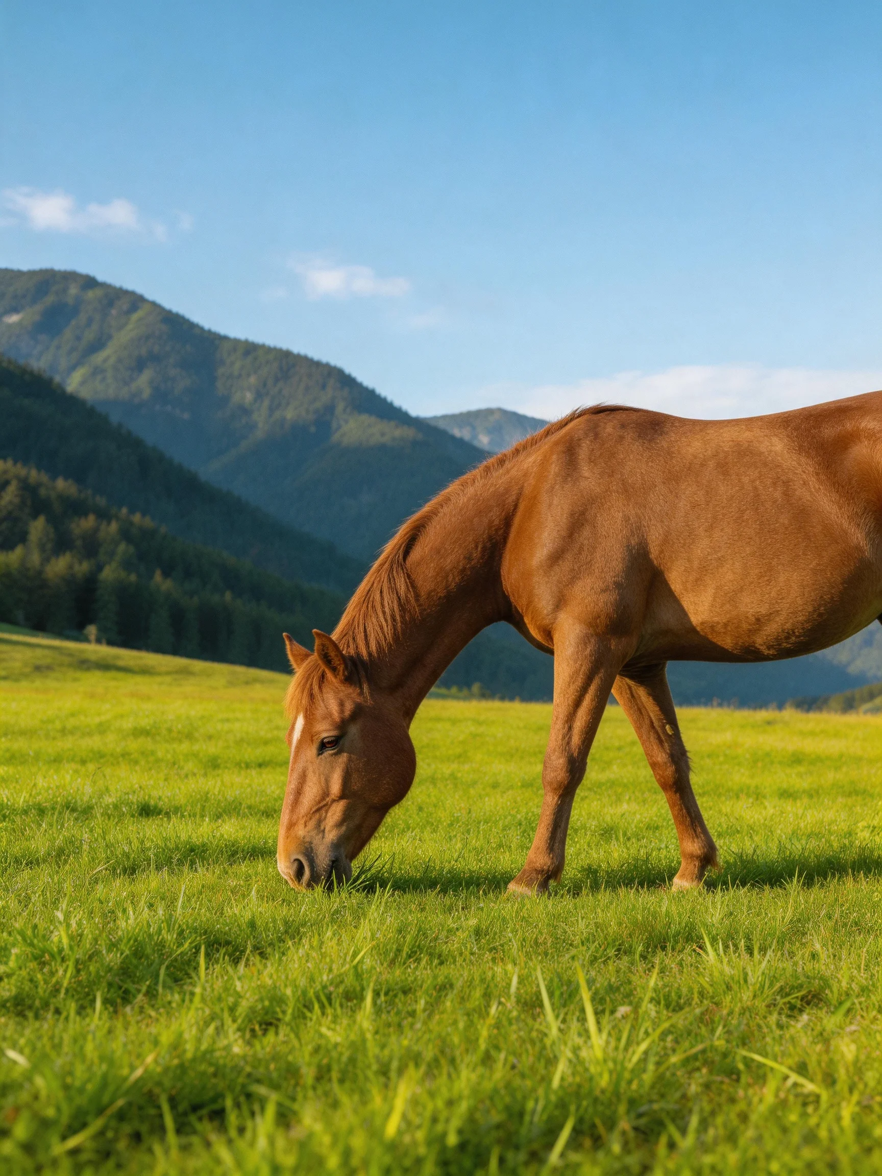 A chestnut horse grazes in a lush meadow near forested mountains