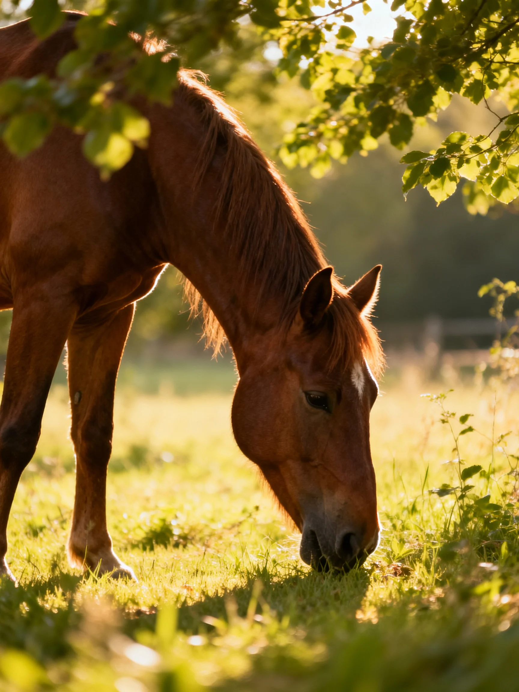 A chestnut horse grazes in a sun-dappled green meadow