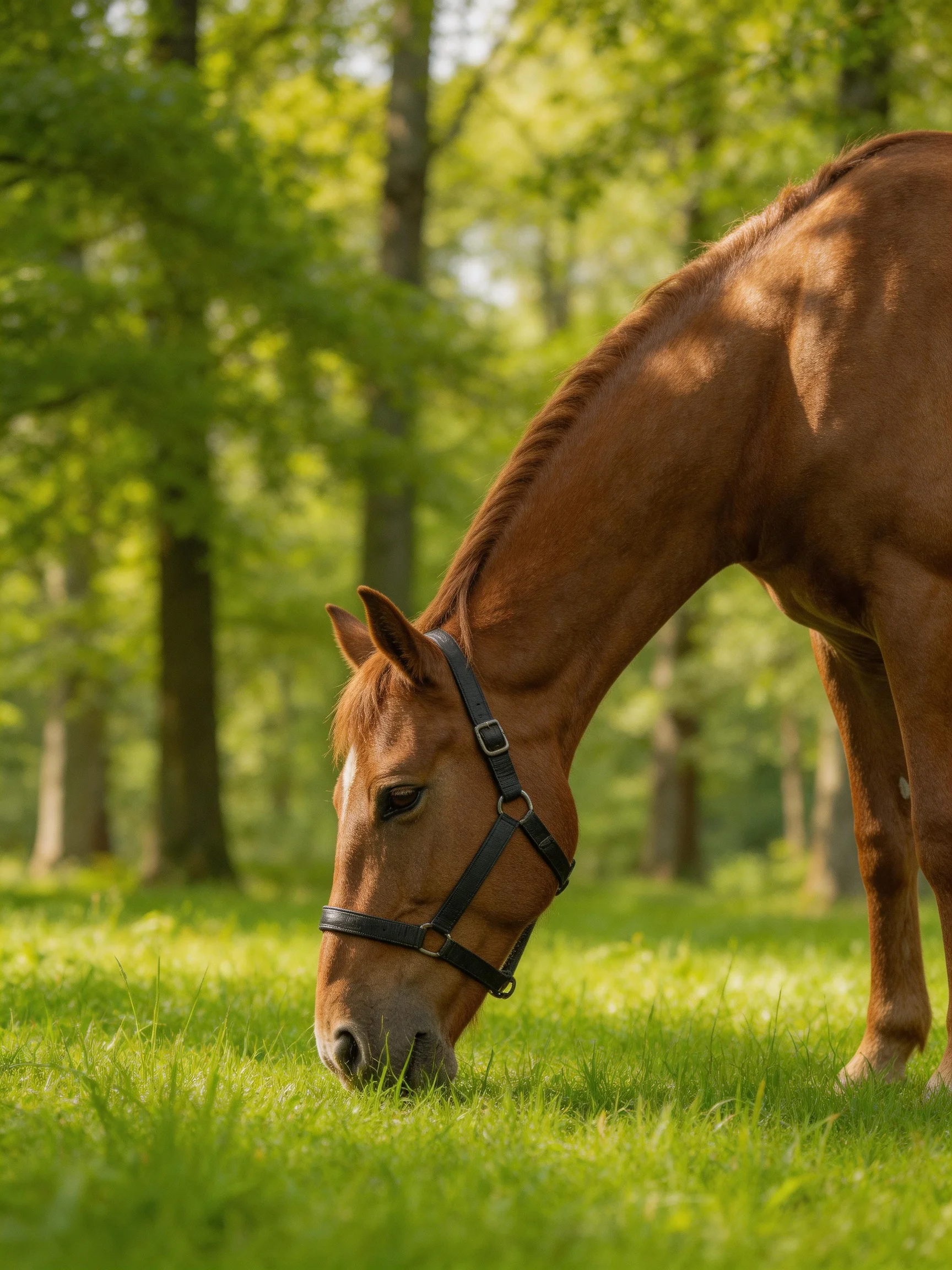A chestnut horse grazes in a sun-dappled green meadow