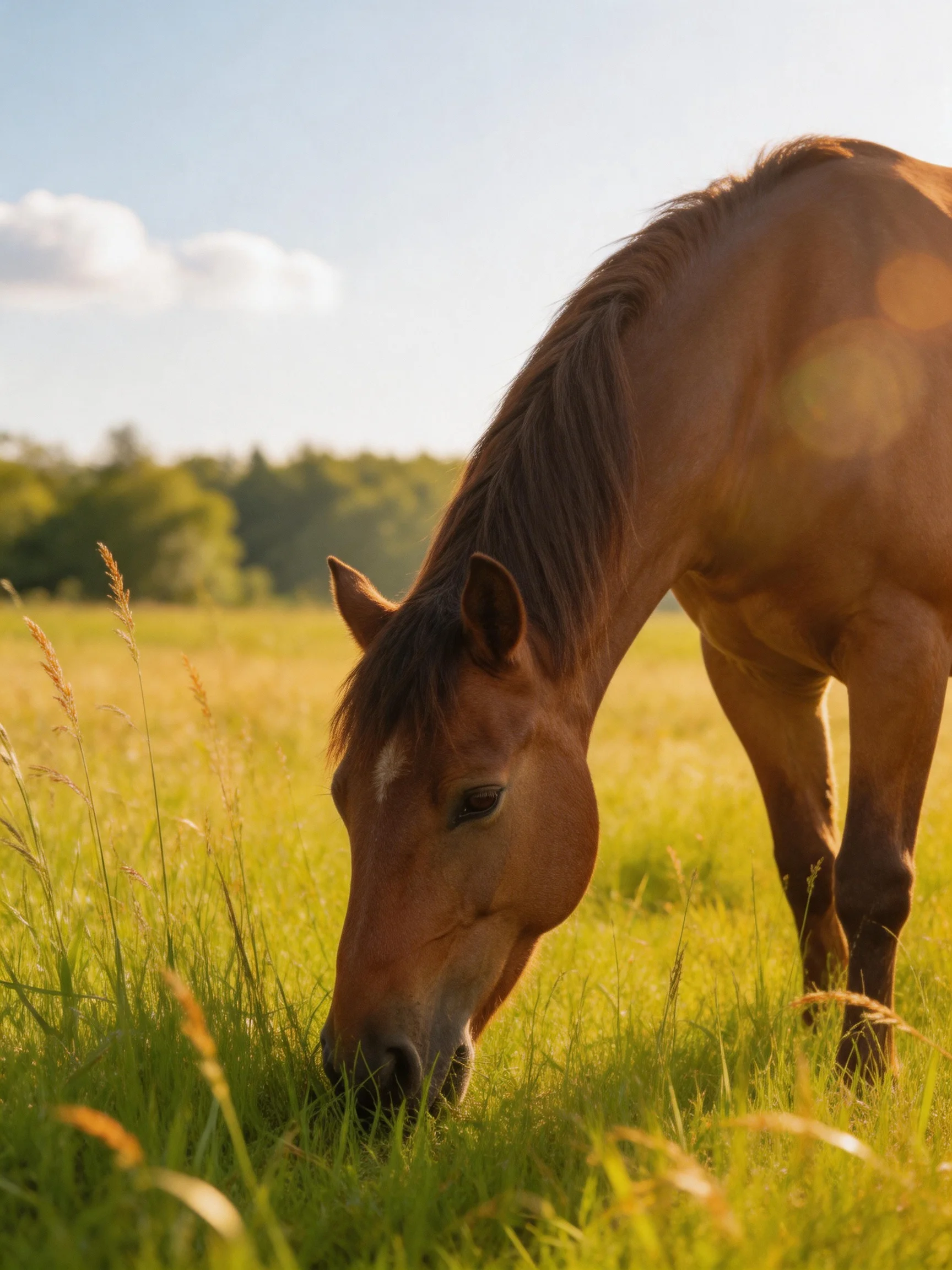 A chestnut horse grazes in a sun-drenched green meadow