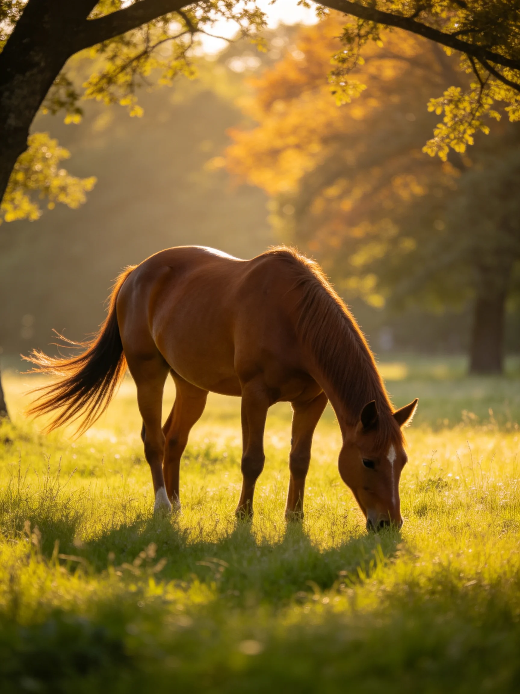 A chestnut horse grazes in a sun-drenched green meadow with golden foliage